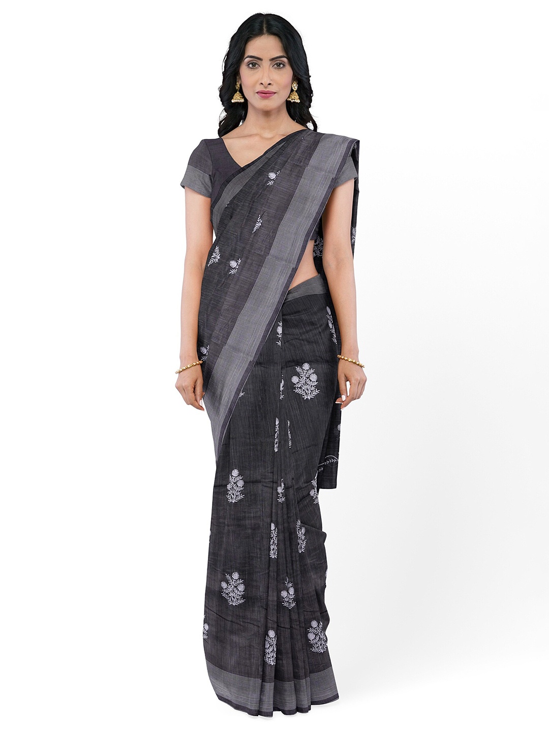 

KAJREE Floral Zari Pure Linen Bhagalpuri Saree, Grey