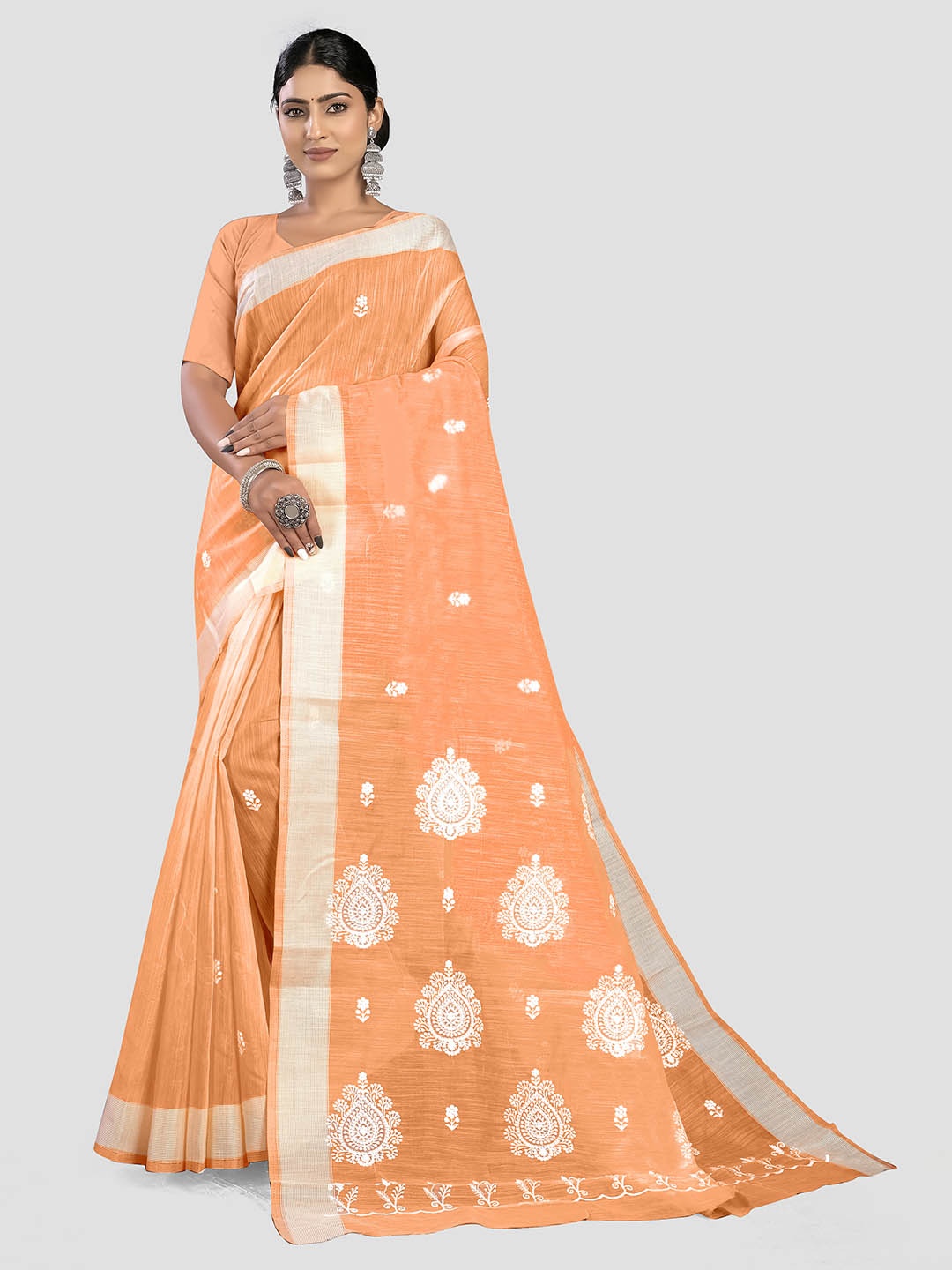 

KAJREE Floral Zari Pure Linen Bhagalpuri Saree, Peach