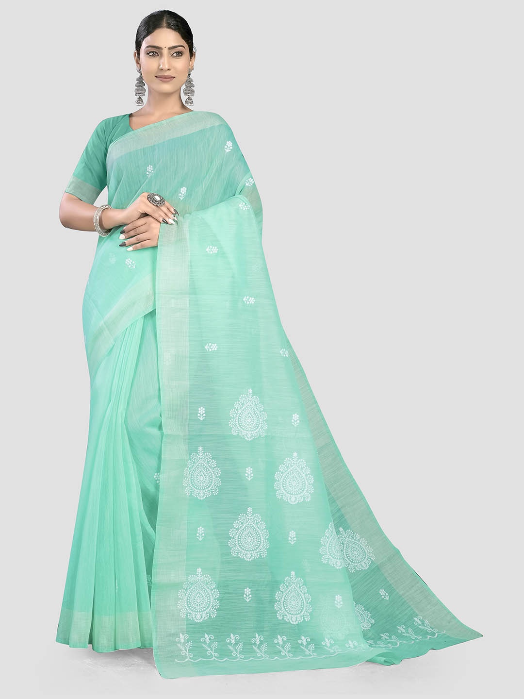 

KAJREE Floral Embroidered Zari Pure Linen Bhagalpuri Saree, Sea green