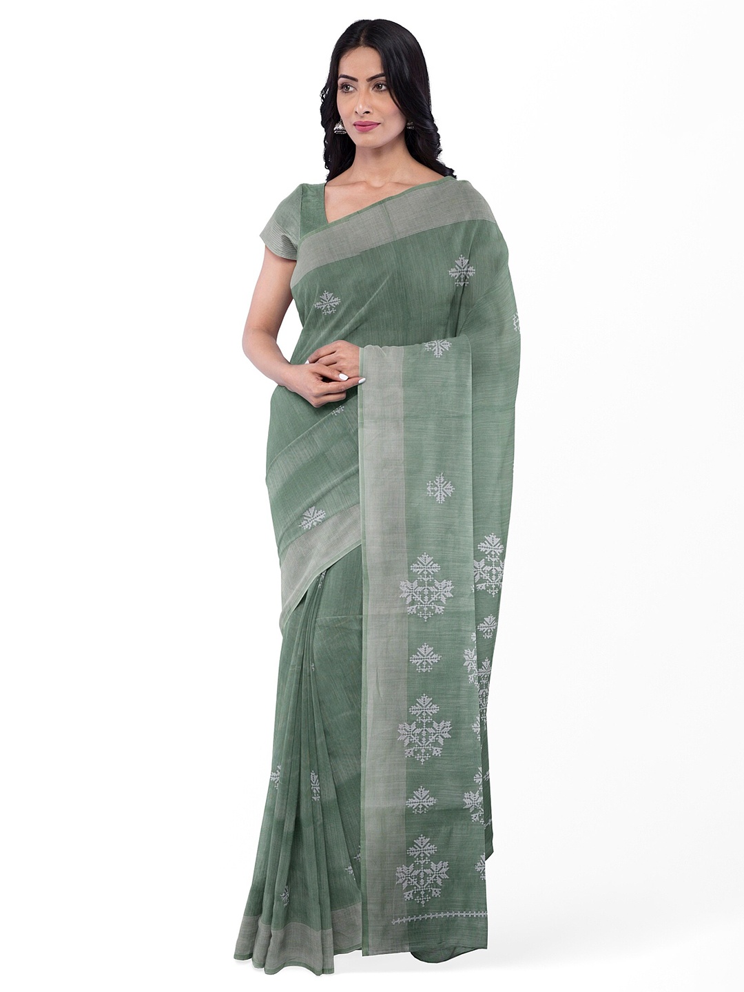 

KAJREE Ethnic Motifs Zari Pure Linen Bhagalpuri Saree, Green