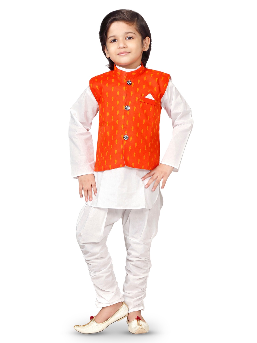 

BAESD Boys Pure Cotton Kurta With Churidar & Waistcoat, White