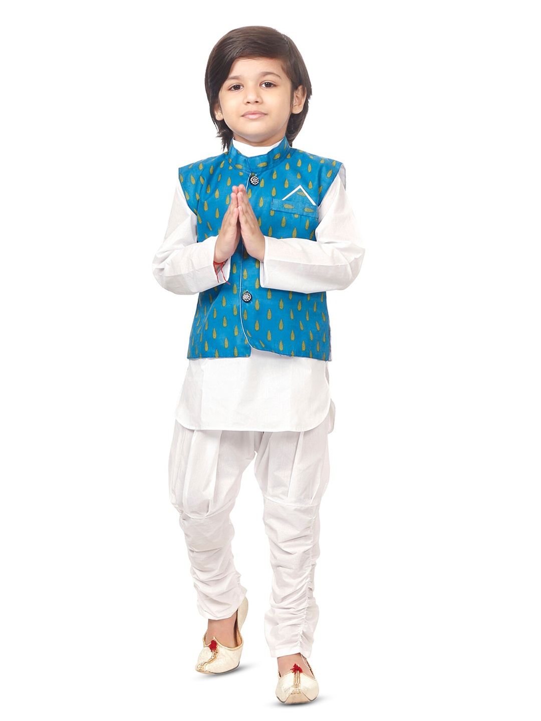

BAESD Boys Pure Cotton Kurta With Churidar & Waistcoat, White