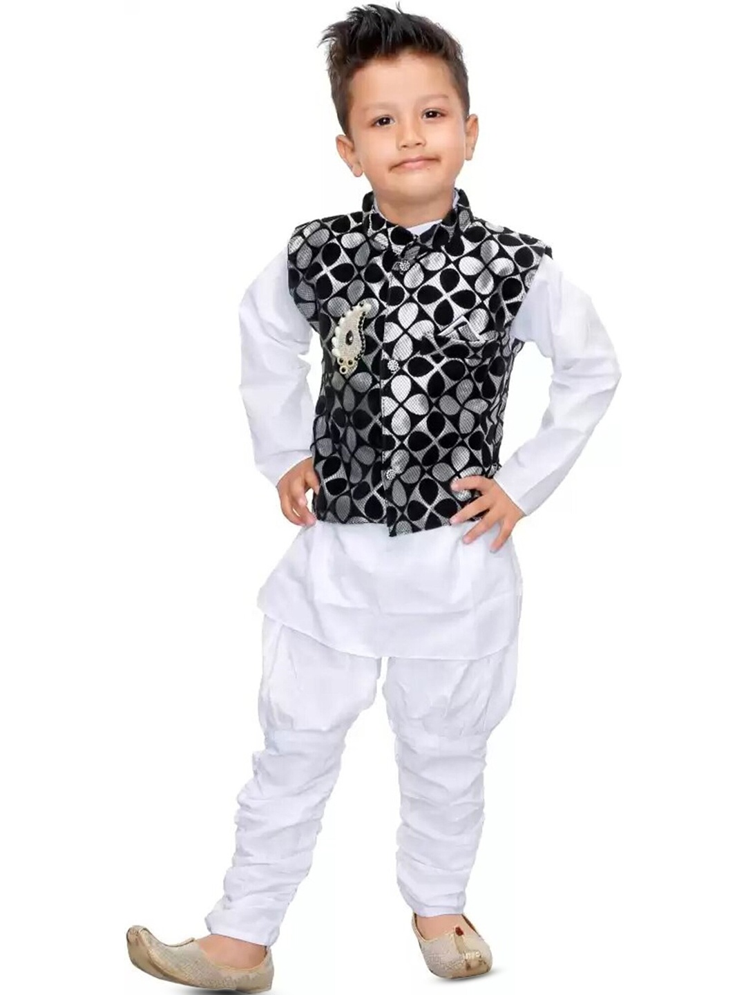 

BAESD Boys Pure Cotton Kurta With Churidar & Waistcoat, White