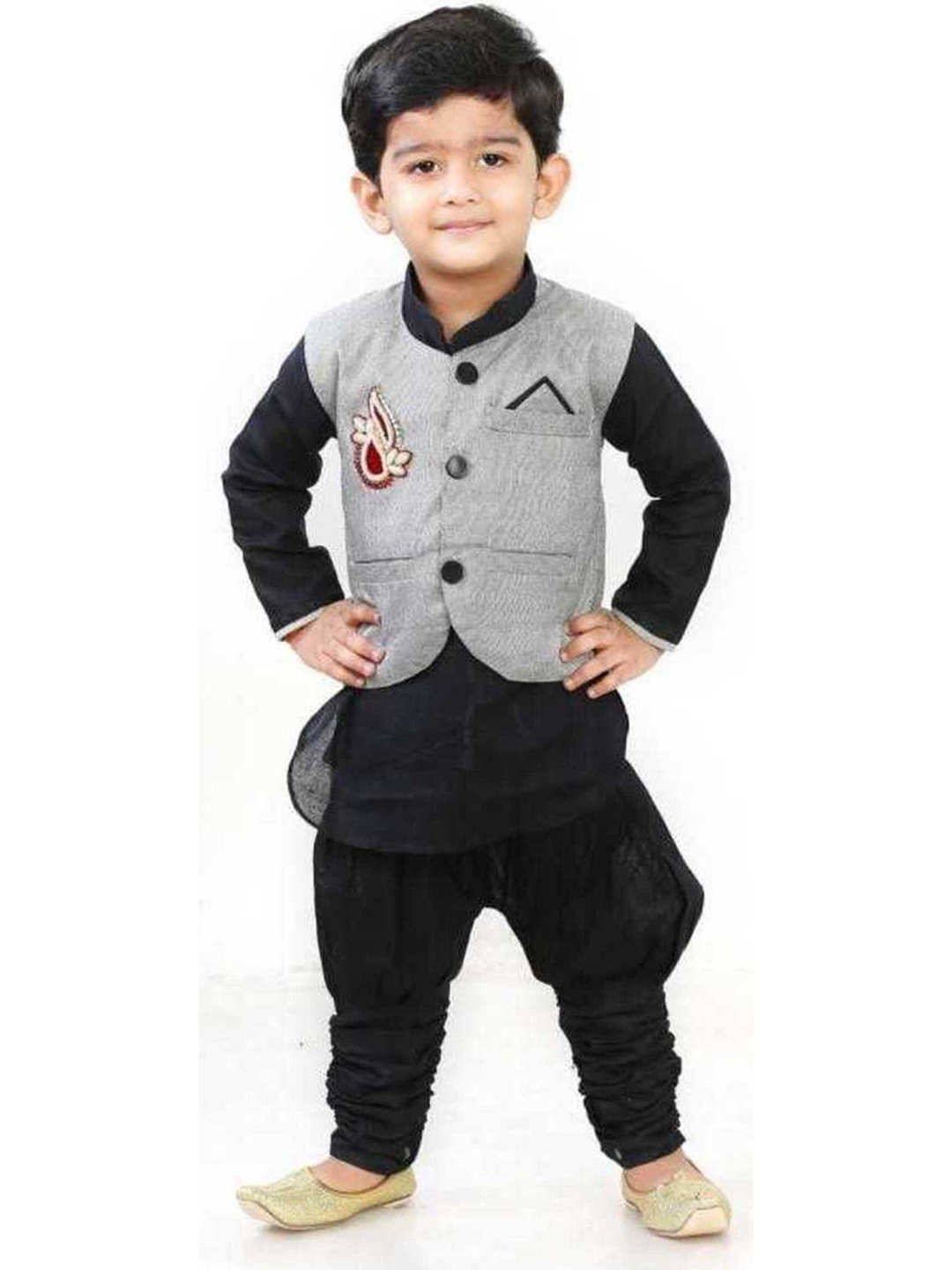 

BAESD Boys Pure Cotton Kurta With Dhoti Pants & Waistcoat, Black