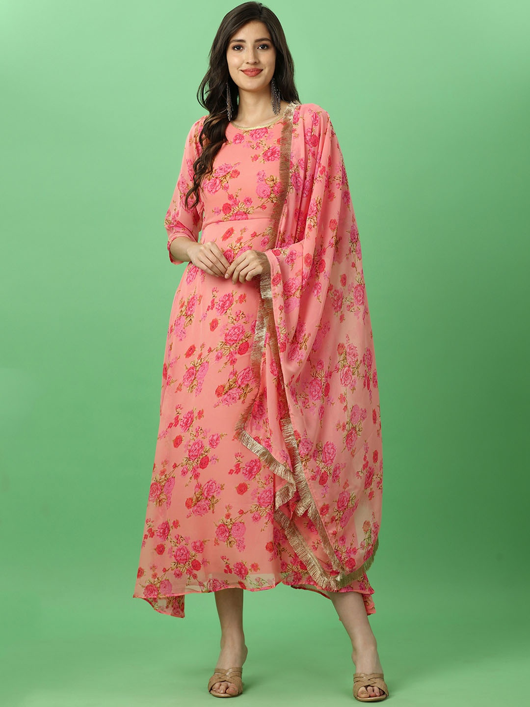 

ASPORA Woven Design Georgette Maxi Ethnic Dress With Dupatta, Peach