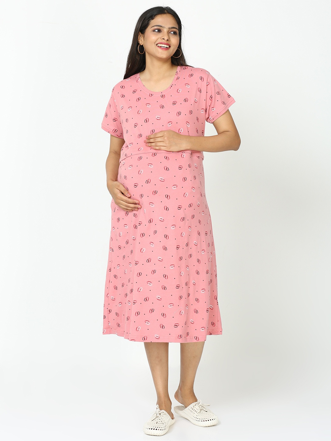 

9shines Label Conversational Printed Pure Cotton Maternity Maxi Nightdress, Pink