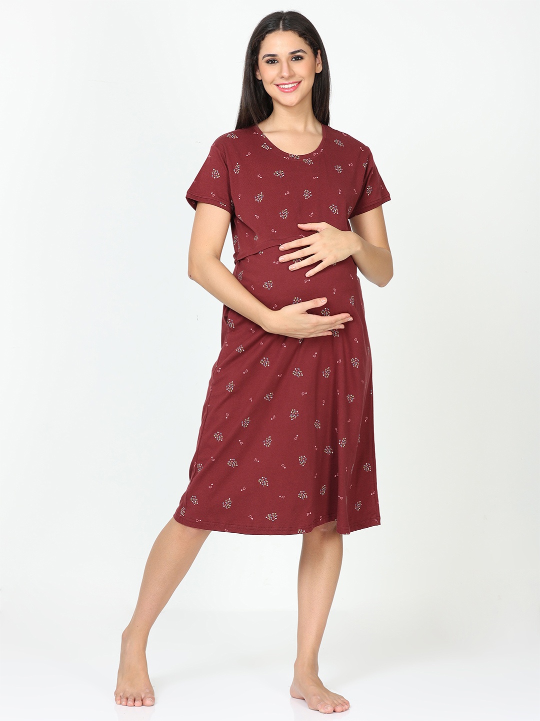 

9shines Label Conversational Printed Pure Cotton Maternity Maxi Nightdress, Maroon