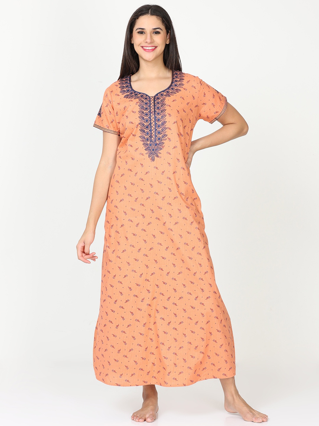 

9shines Label Floral Printed Pure Cotton Maxi Nightdress, Orange