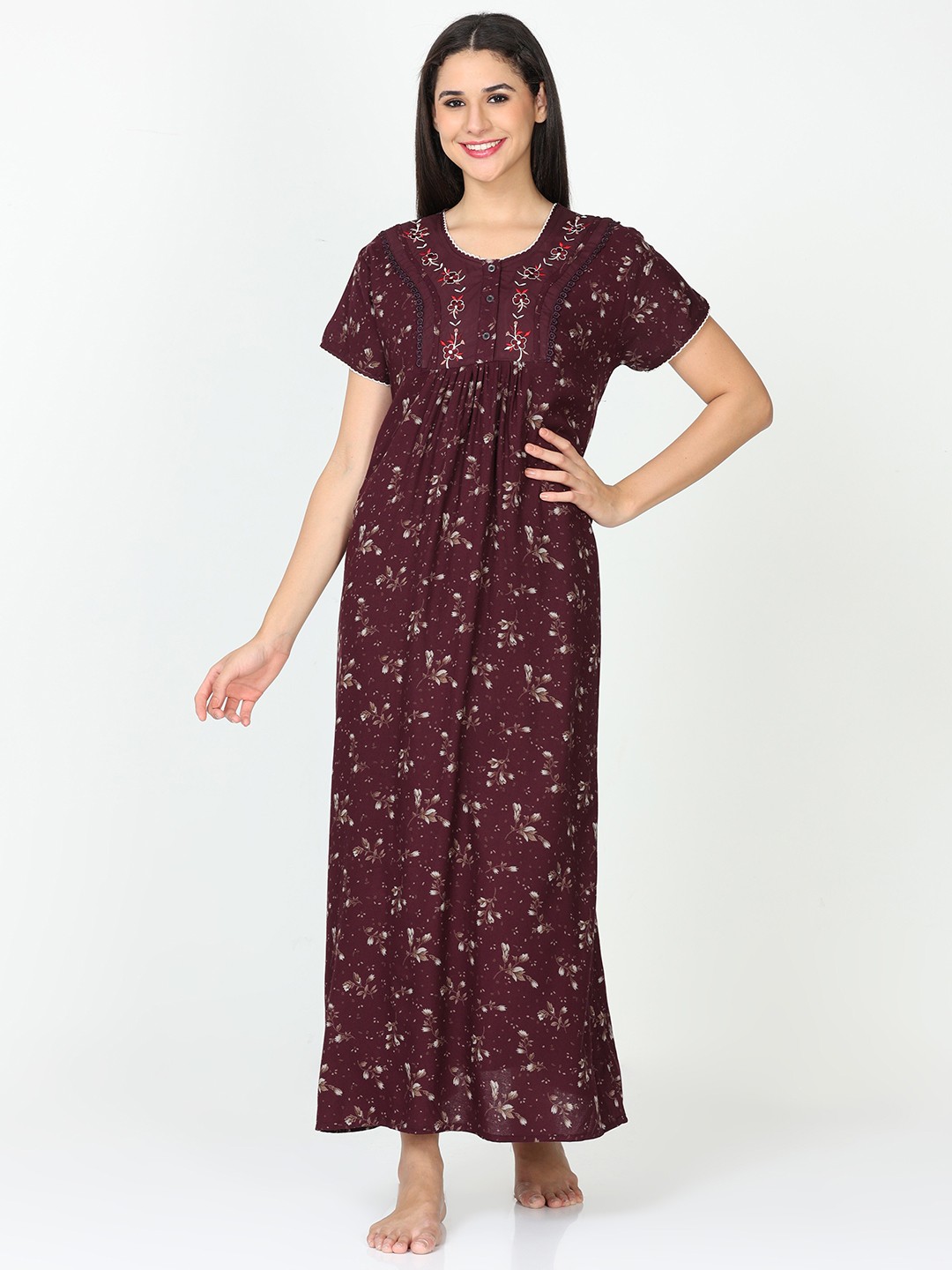 

9shines Label Floral Printed Maxi Nightdress, Burgundy