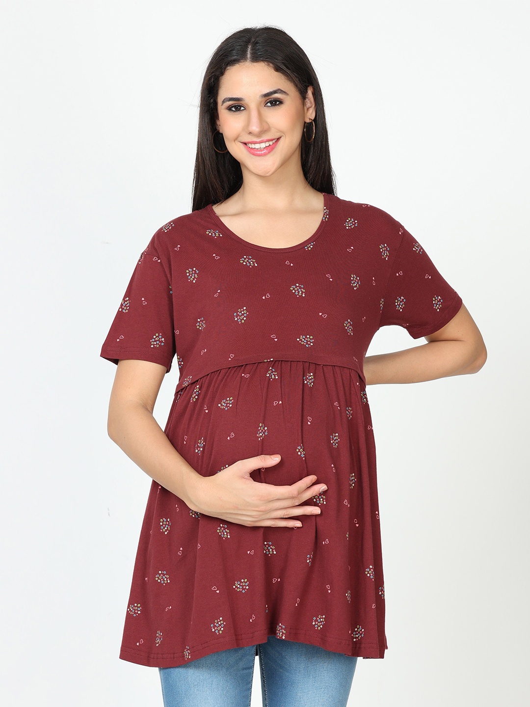 

9shines Label Printed Pure Cotton Maternity Longline Top, Maroon