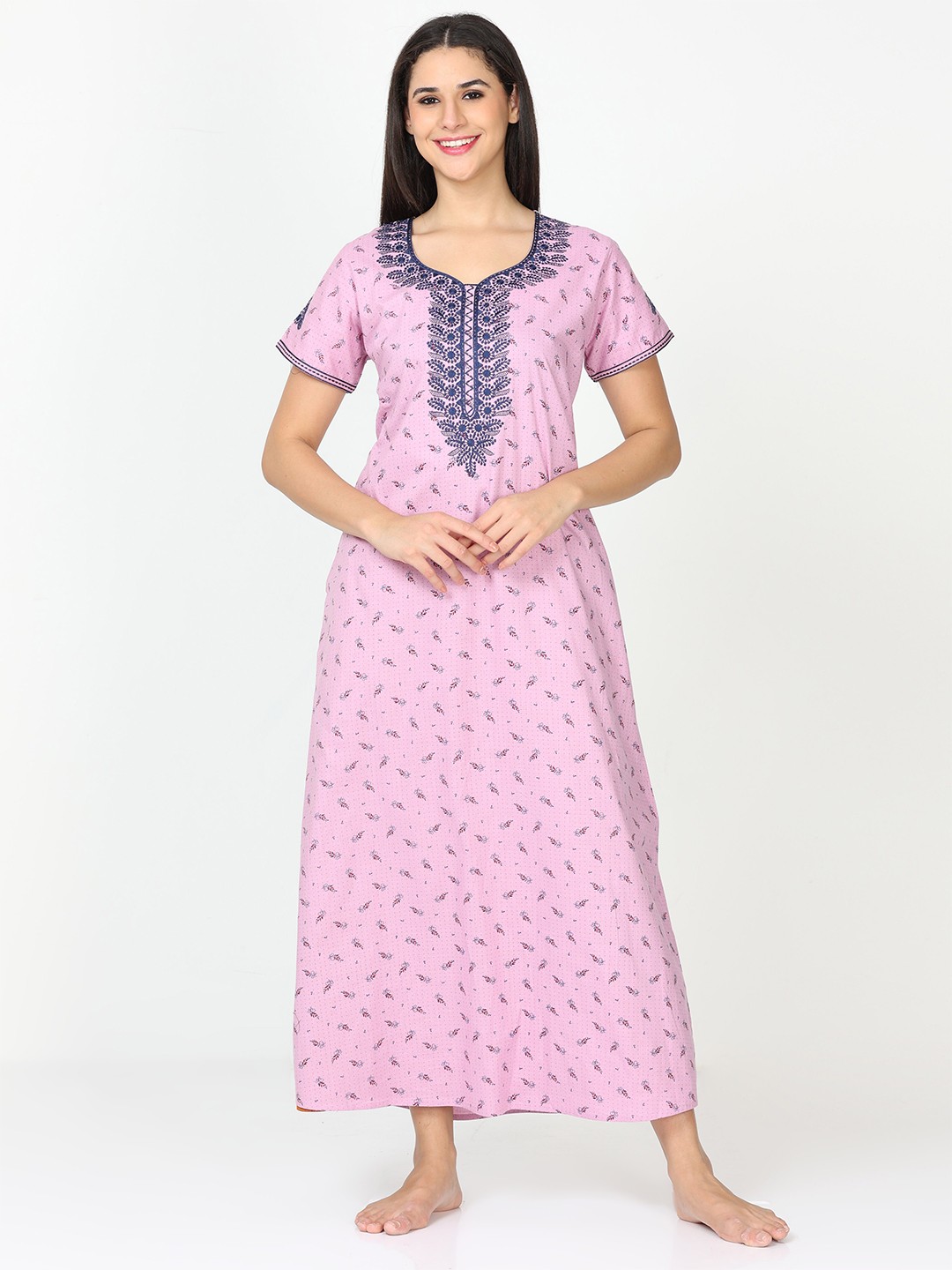 

9shines Label Floral Printed Pure Cotton Maxi Nightdress, Purple