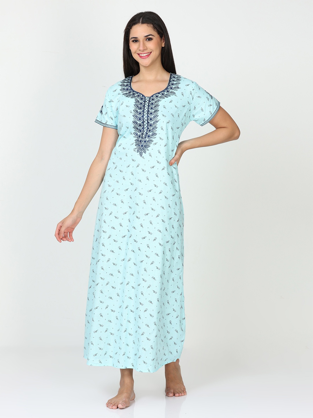 

9shines Label Floral Printed Pure Cotton Maxi Nightdress, Blue