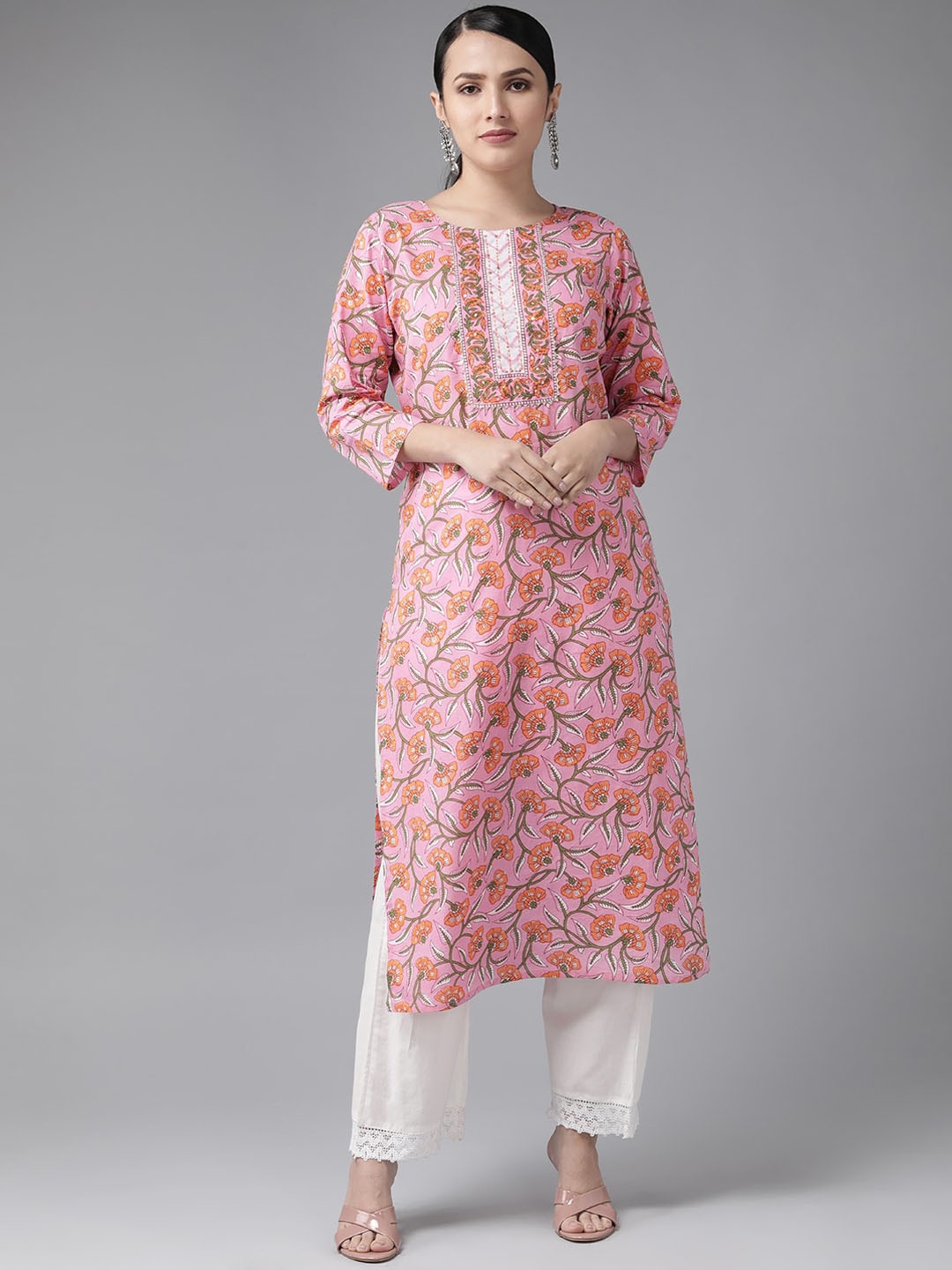 

Yufta Women Pink Printed Keyhole Neck Flared Sleeves Sequinned Kurta