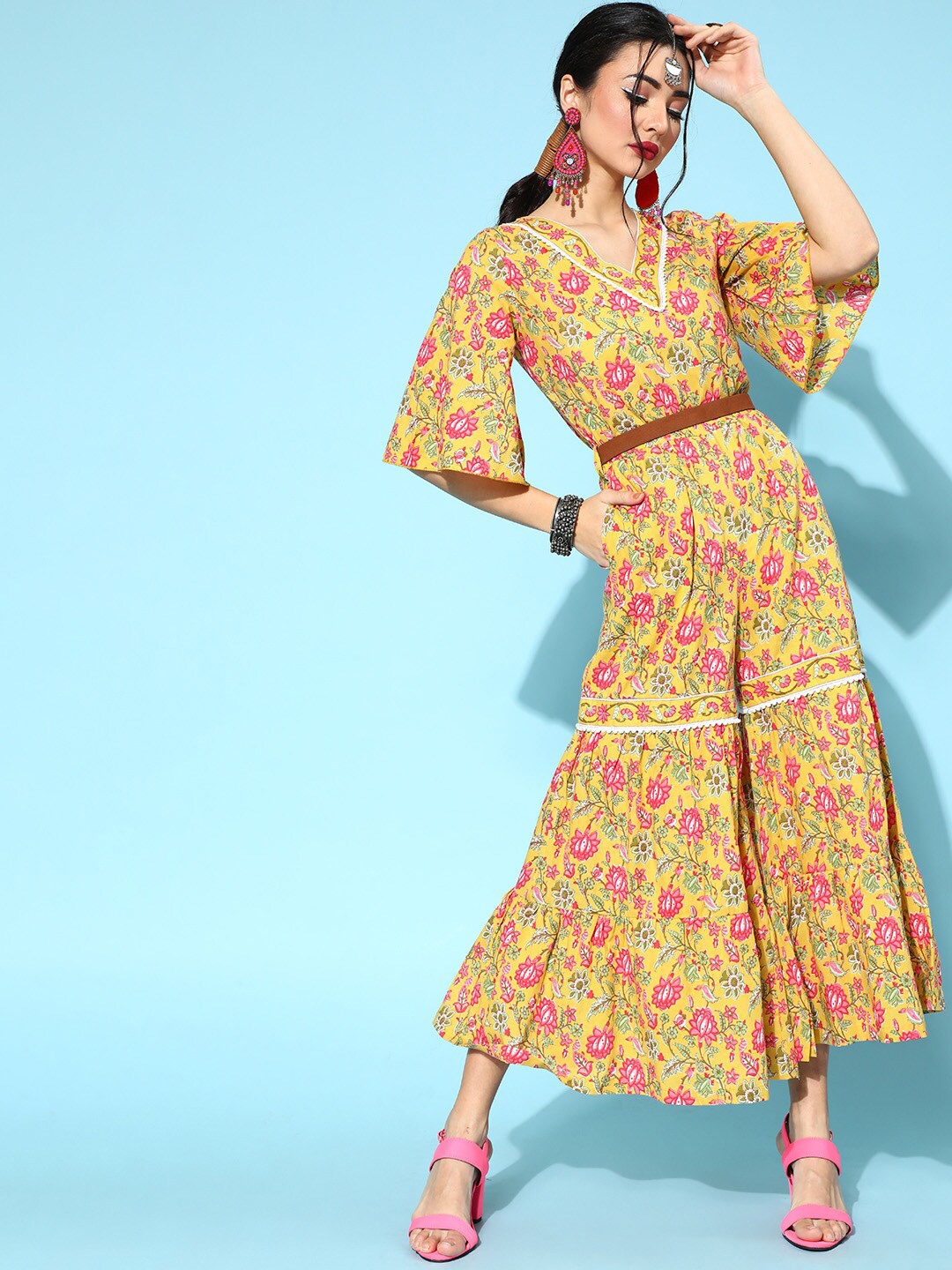 

Yufta Mustard & Pink Floral Printed Lace Inserted Pure Cotton Basic Jumpsuit