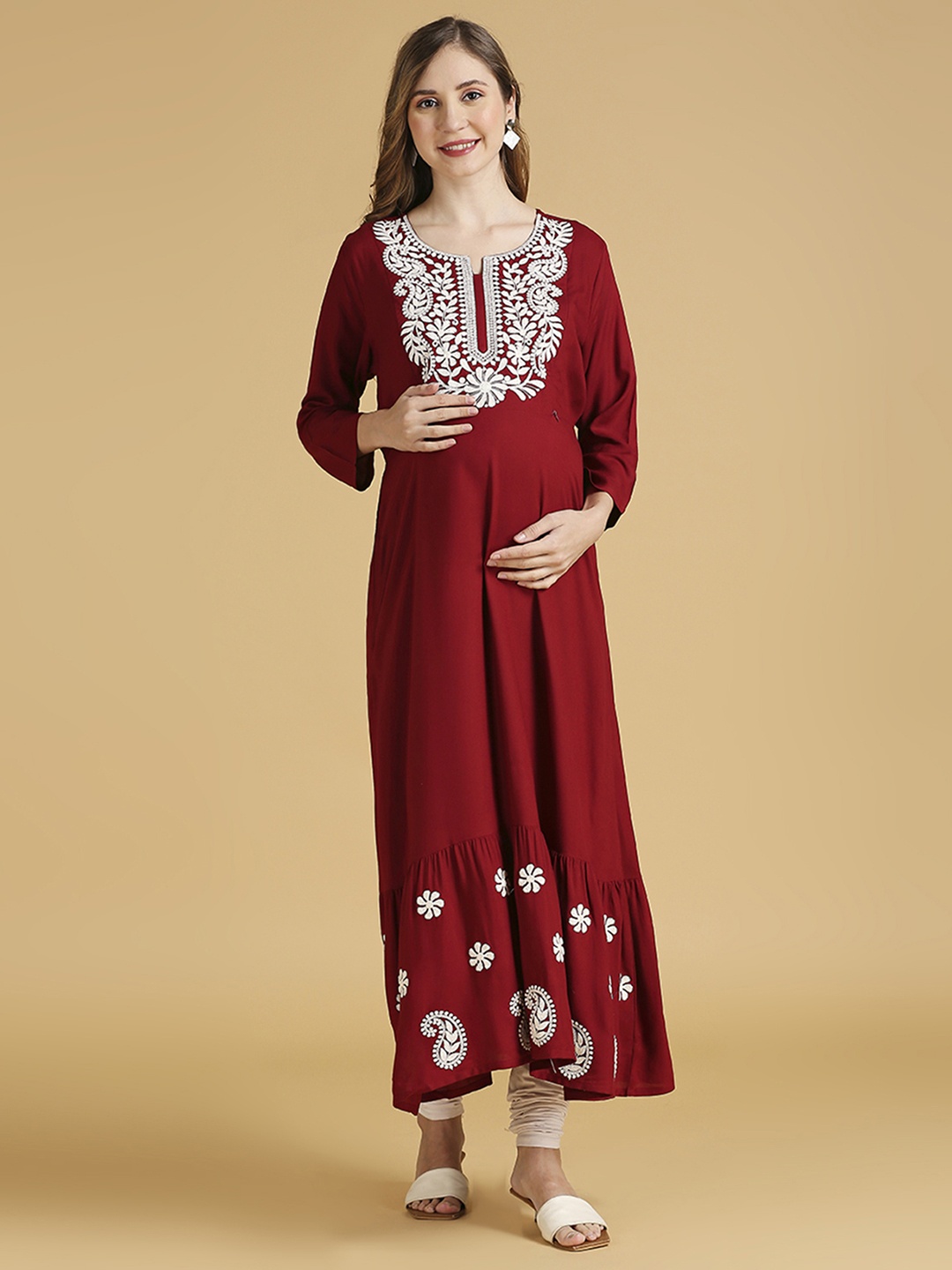 

MomToBe Floral Embroidered Notched Neck Maternity A-Line Sustainable Kurta, Maroon