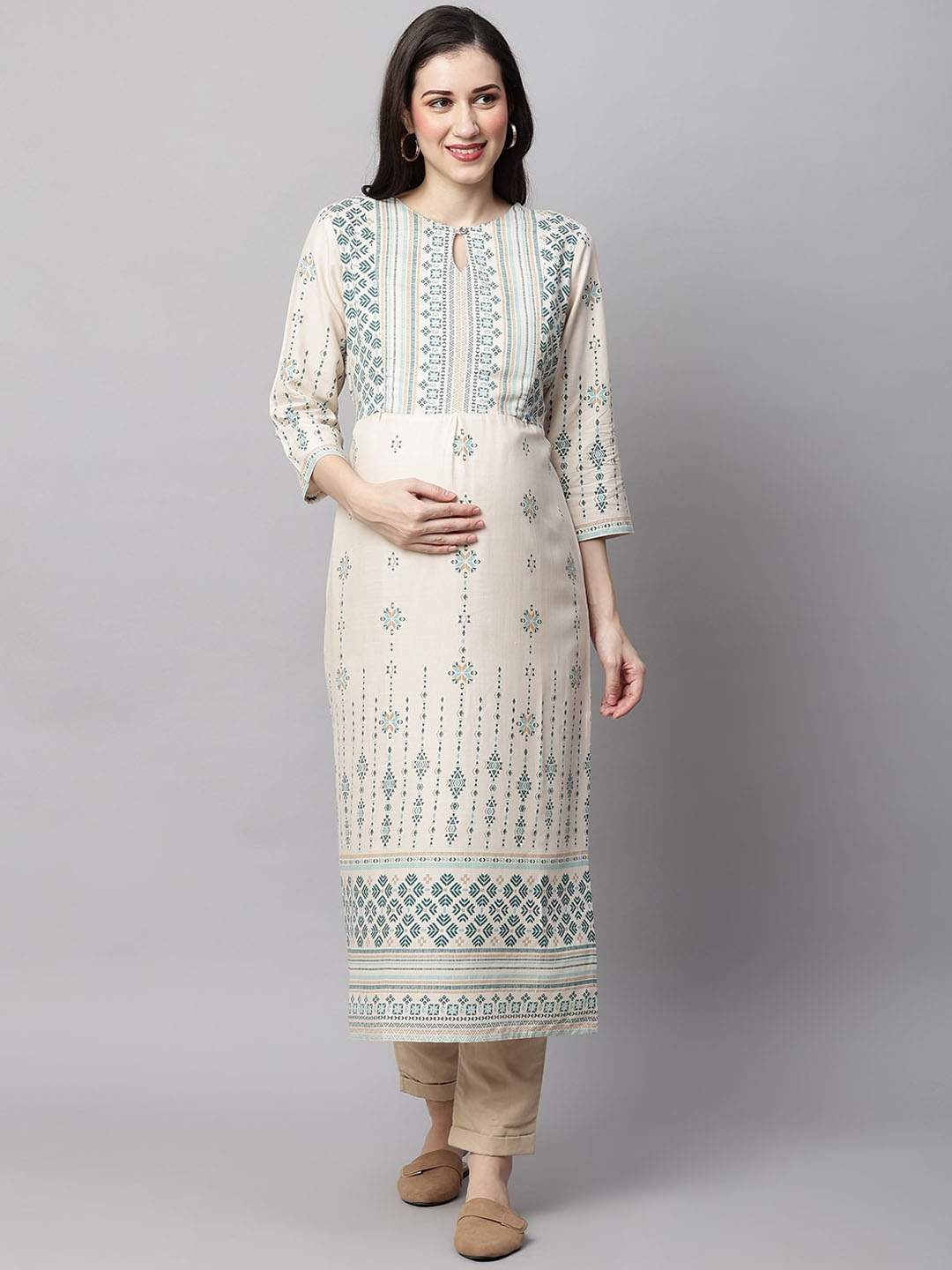 

MomToBe Ethnic Motif Printed Keyhole Neck Maternity Kurta, Cream