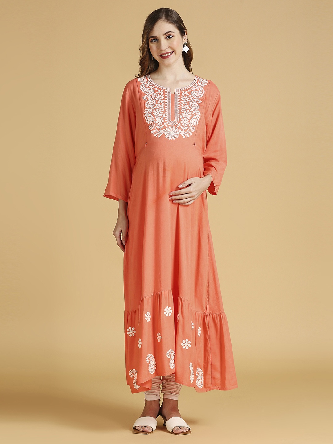 

MomToBe Floral Yoke Design Notched Neck Thread Work Maternity Anarkali Kurta, Peach