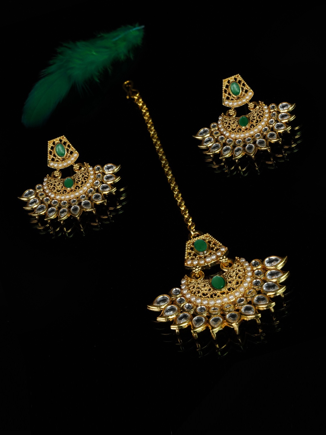 

Kord Store 18KT Gold-Plated Classic Drop Earrings Maang Tikka, Green