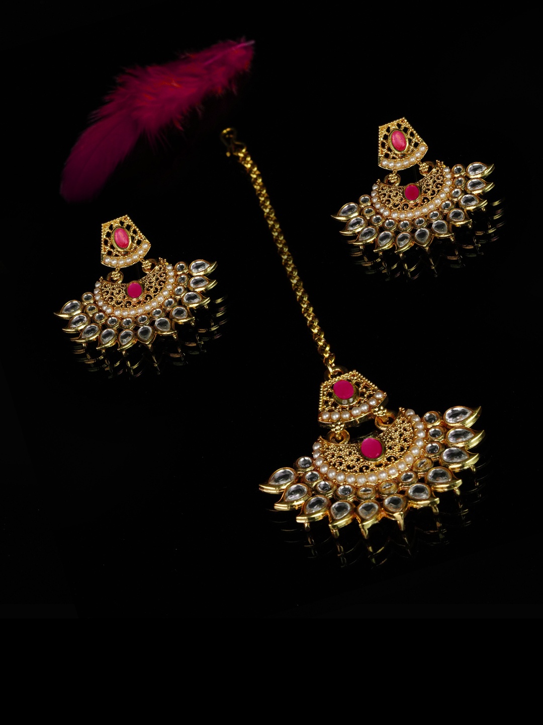 

Kord Store 18KT Gold-Plated Classic Drop Earrings with Maang Tikka, Red