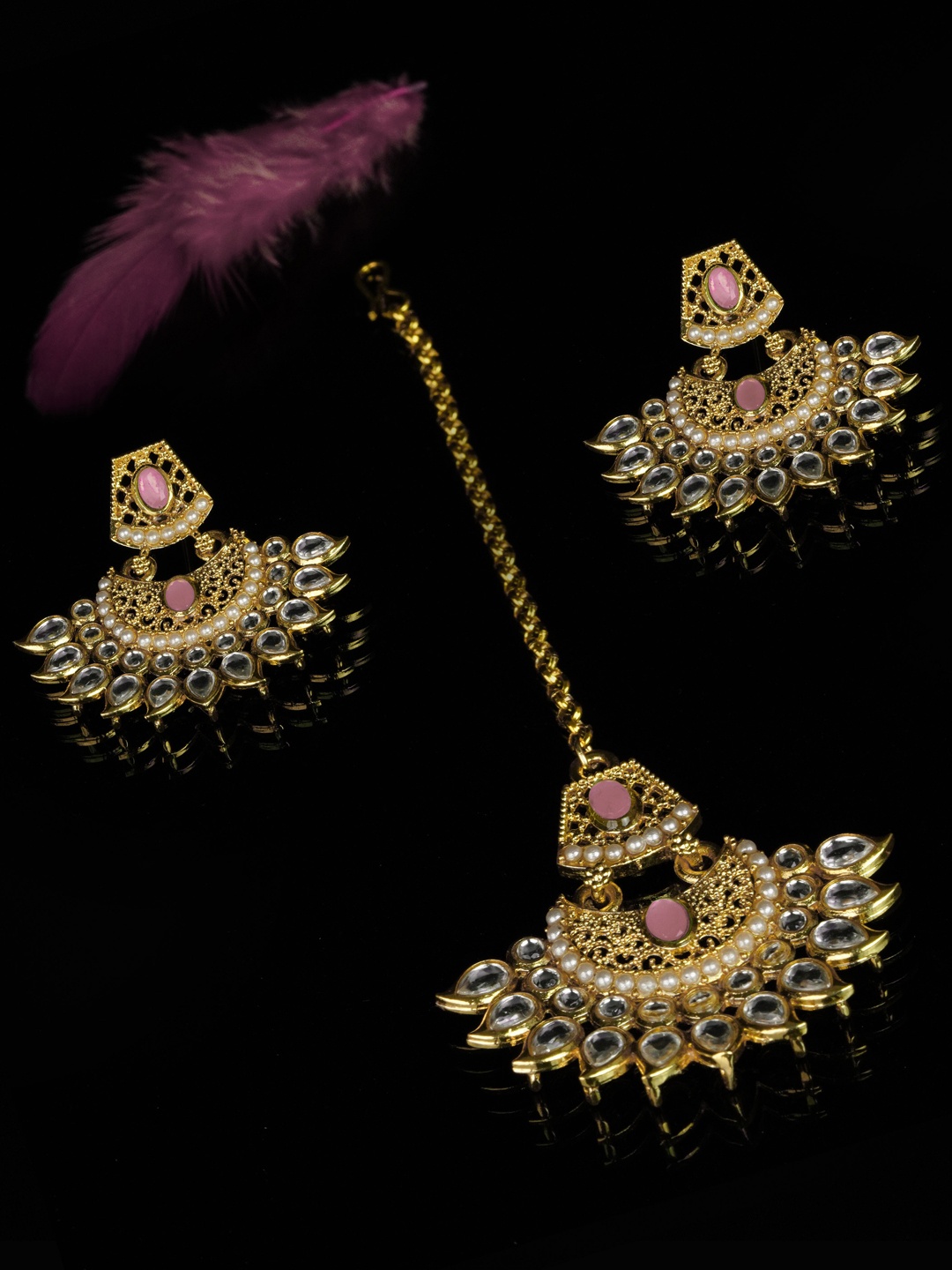 

Kord Store Gold-Plated Classic Drop Earrings & Maang Tika