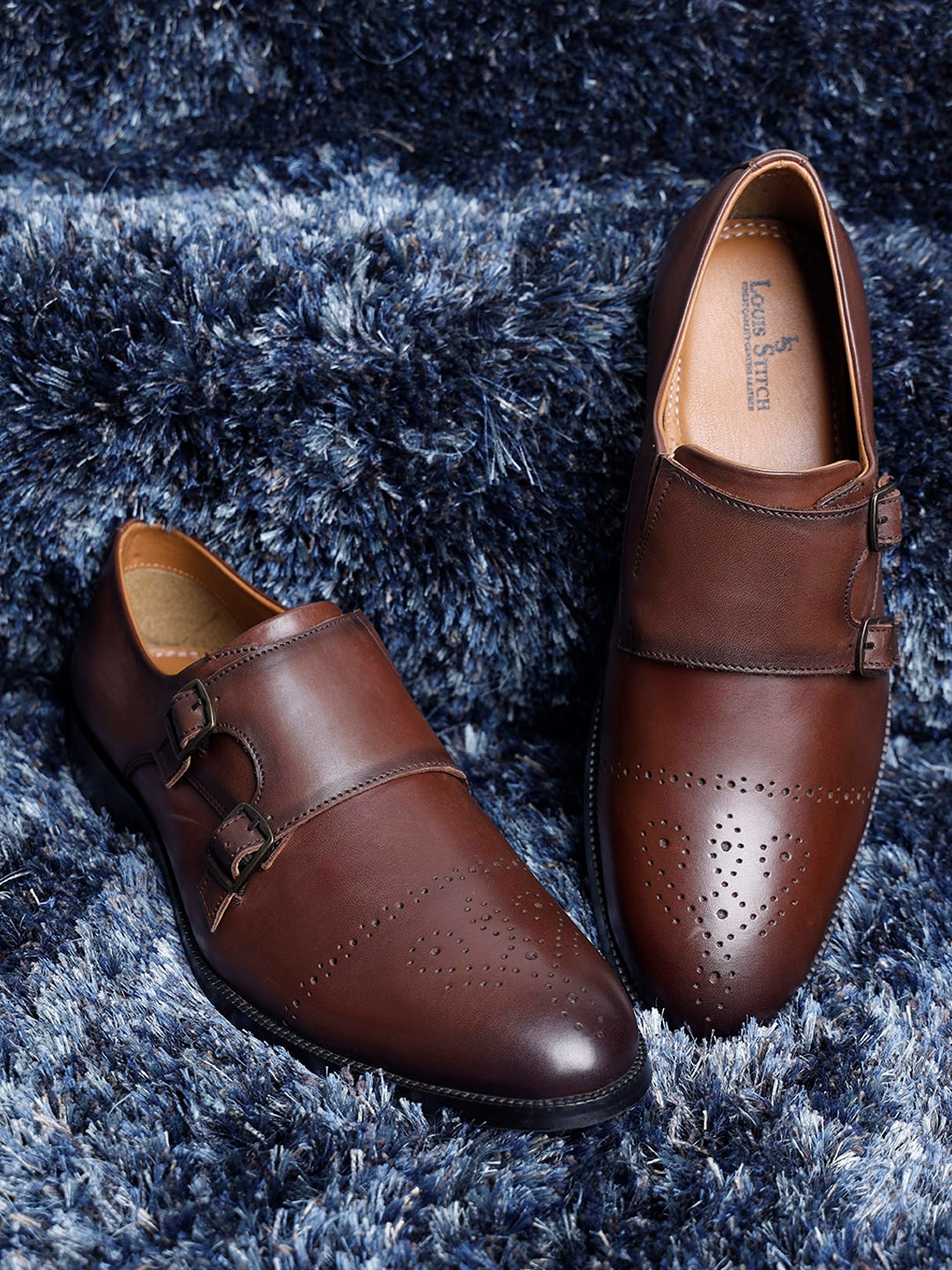 

LOUIS STITCH Men Textured Leather Formal Monk Shoes, Brown