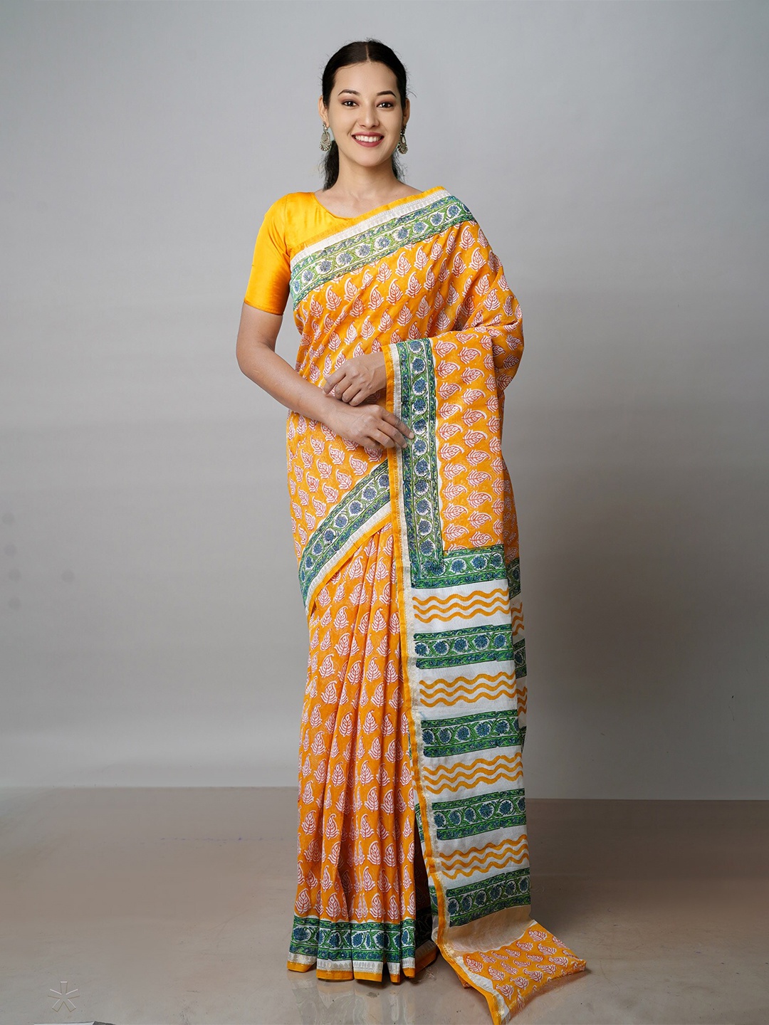 

Unnati Silks Ethnic Printed Paisley Zari Silk Cotton Chanderi Saree, Yellow