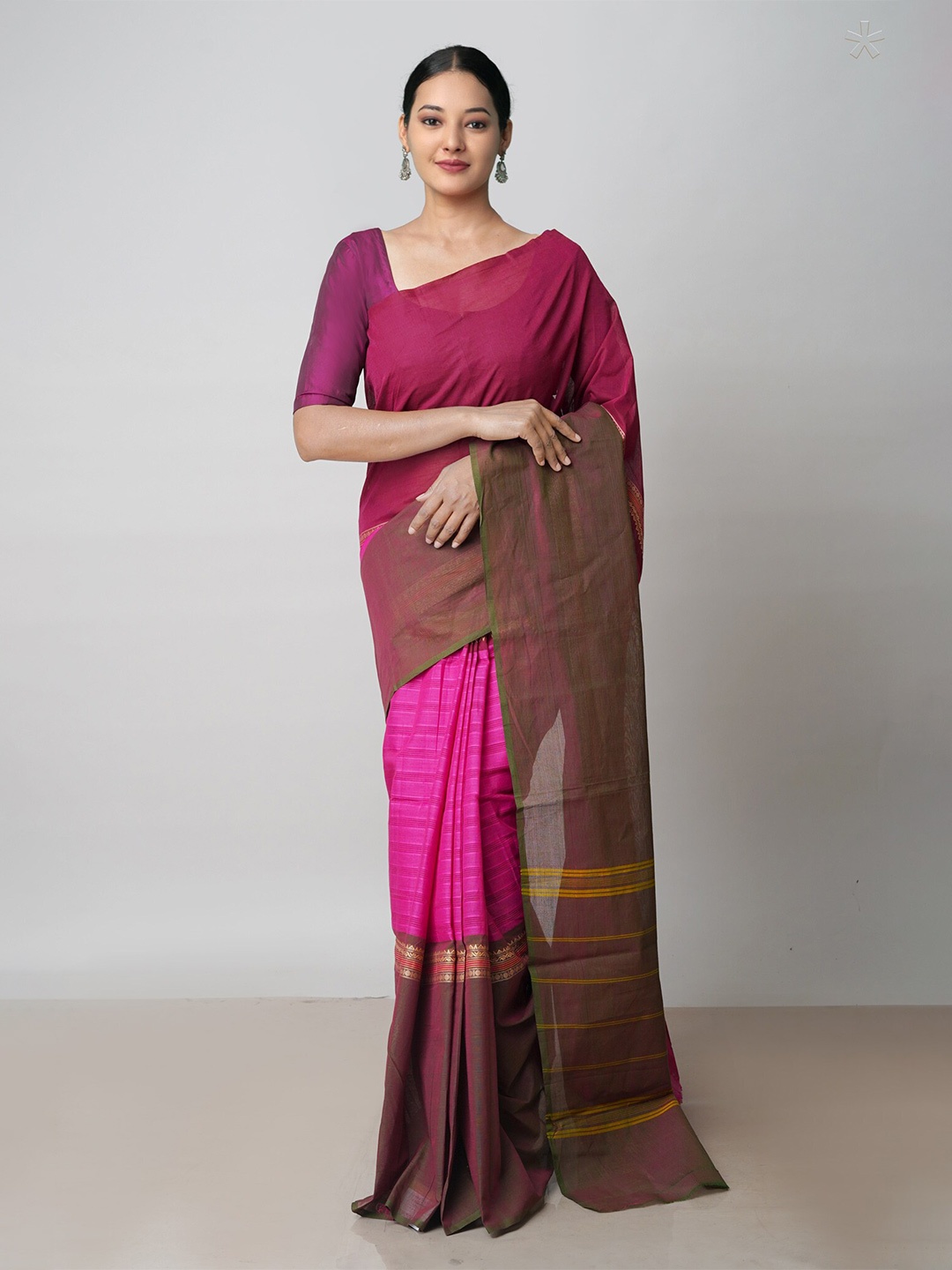 

Unnati Silks Zari Pure Cotton Handloom Kanjeevaram Saree, Pink