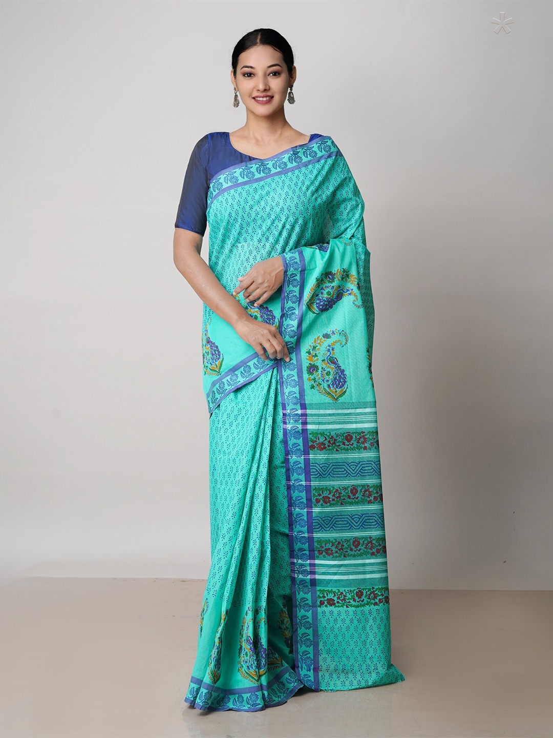 

Unnati Silks Ethnic Printed Pure Cotton Handloom Chettinad Saree, Green