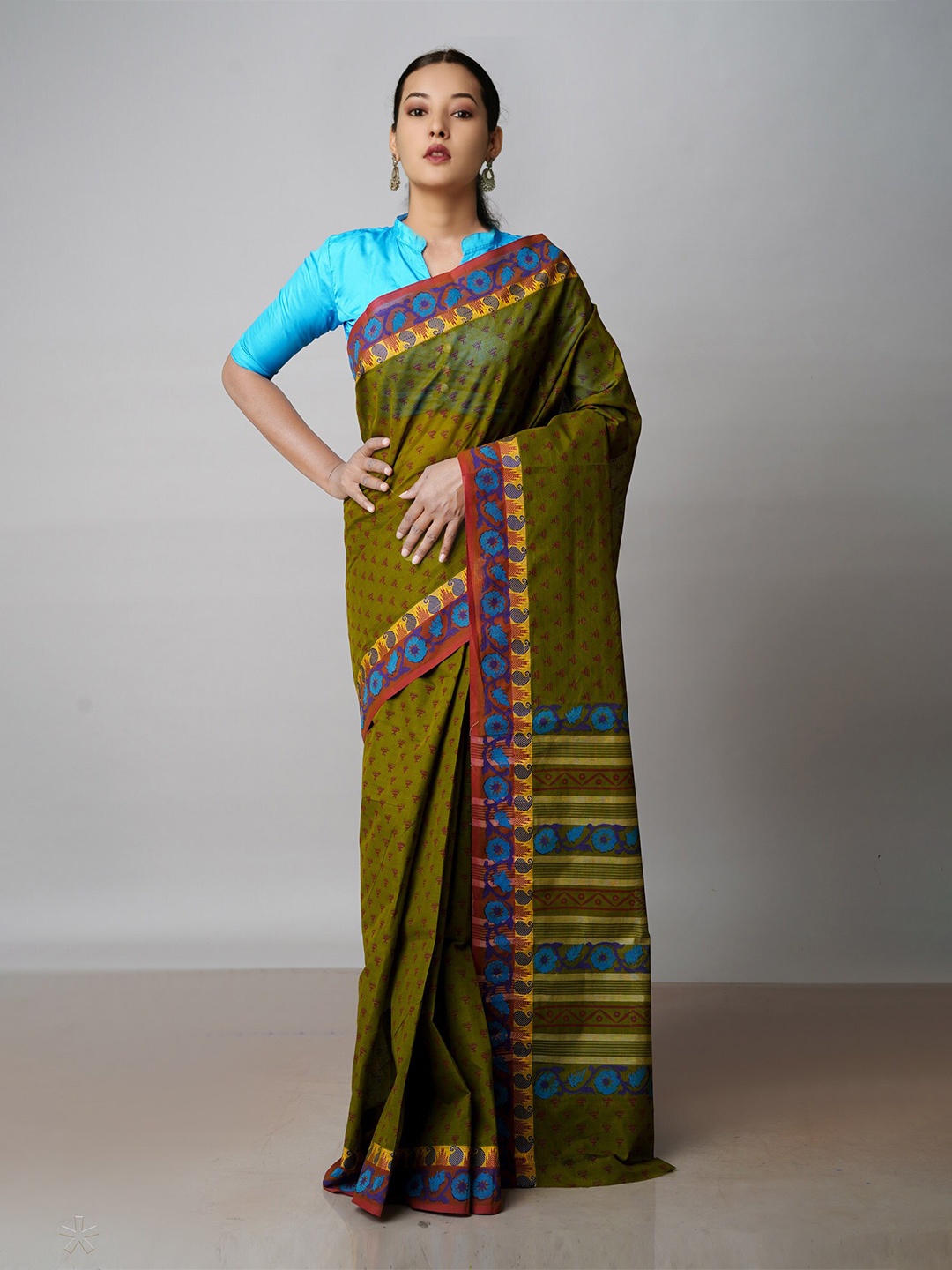 

Unnati Silks Paisley Printed Pure Cotton Handloom Chettinad Saree, Green