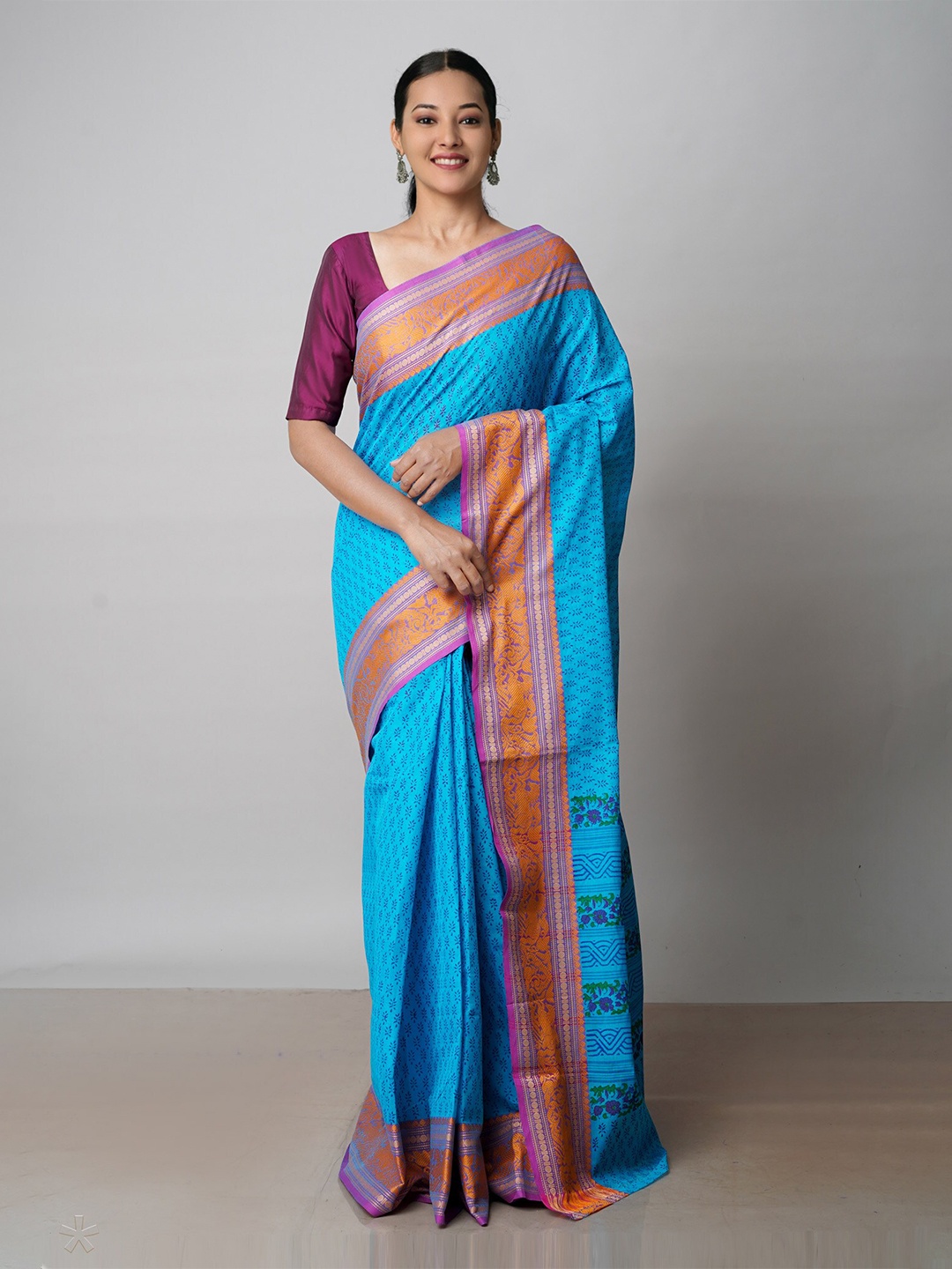 

Unnati Silks Ethnic Printed Zari Pure Cotton Handloom Chettinad Saree, Blue