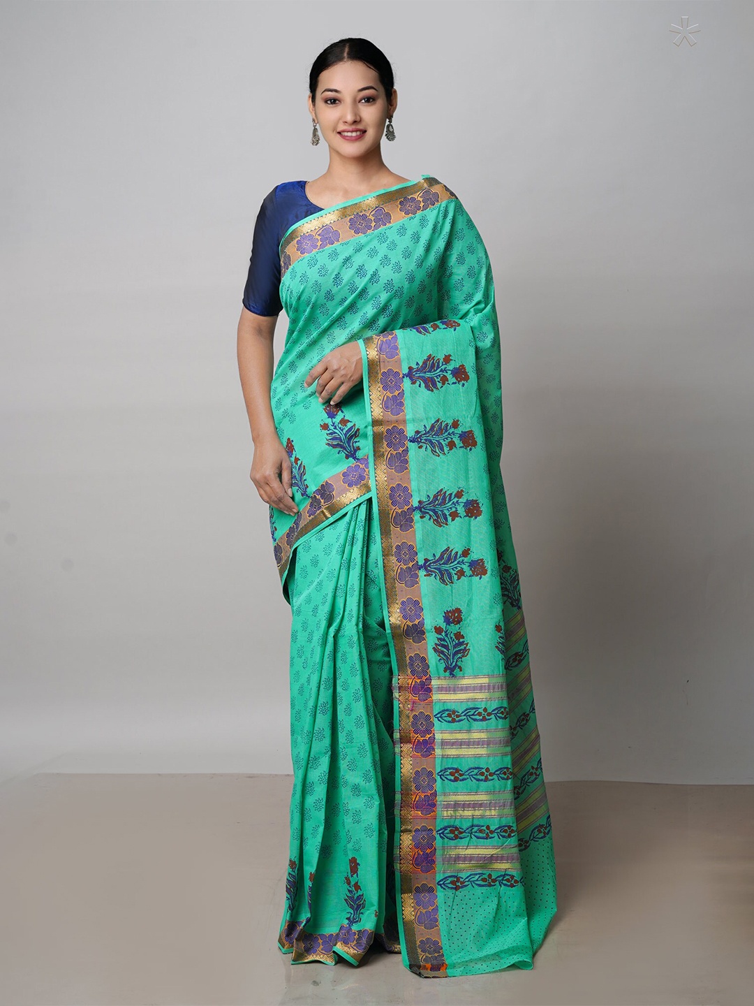 

Unnati Silks Ethnic Printed Zari Pure Cotton Handloom Chettinad Saree, Green