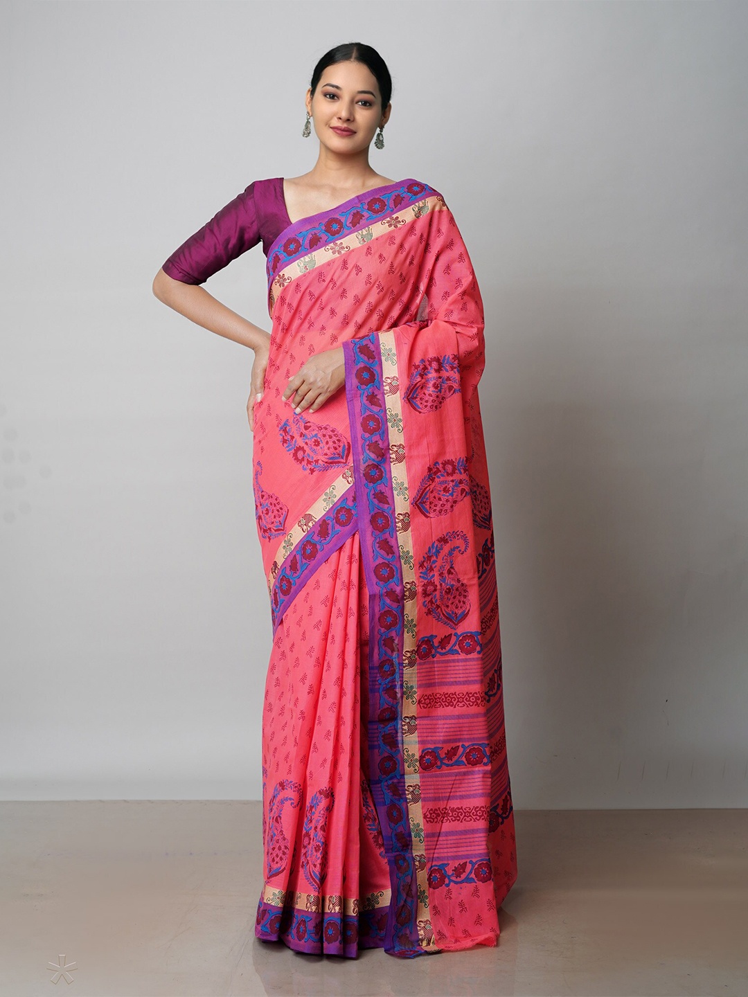 

Unnati Silks Ethnic Printed Pure Cotton Handloom Chettinad Saree, Pink