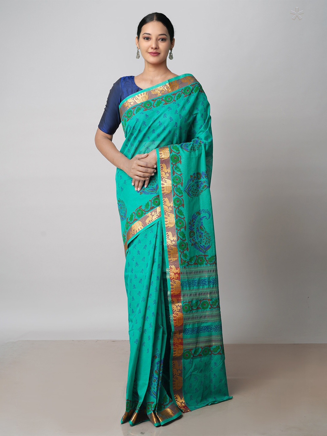 

Unnati Silks Ethnic Printed Zari Pure Cotton Handloom Chettinad Saree, Green