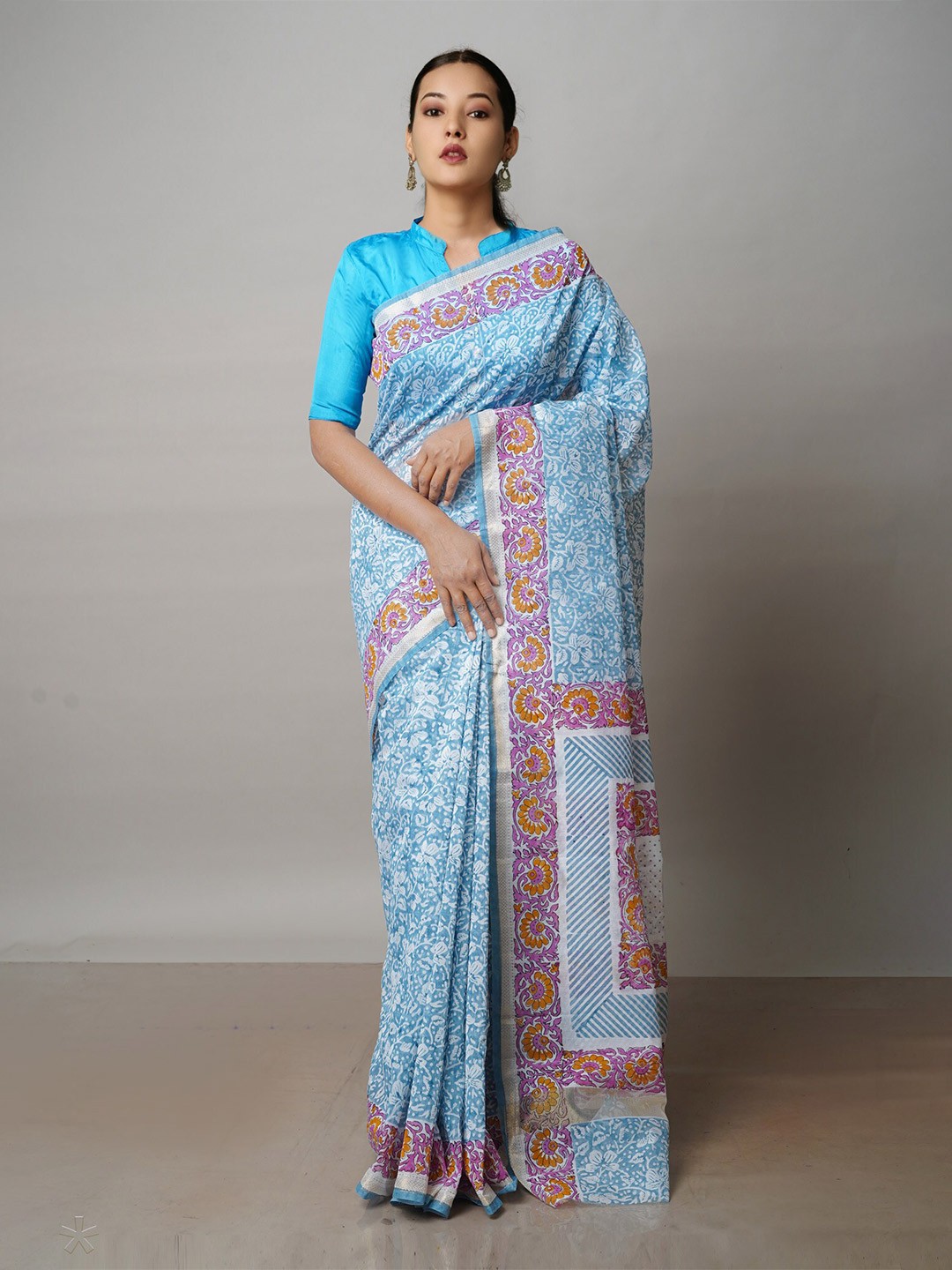 

Unnati Silks Ethnic Printed Zari Silk Cotton Chanderi Saree, Blue