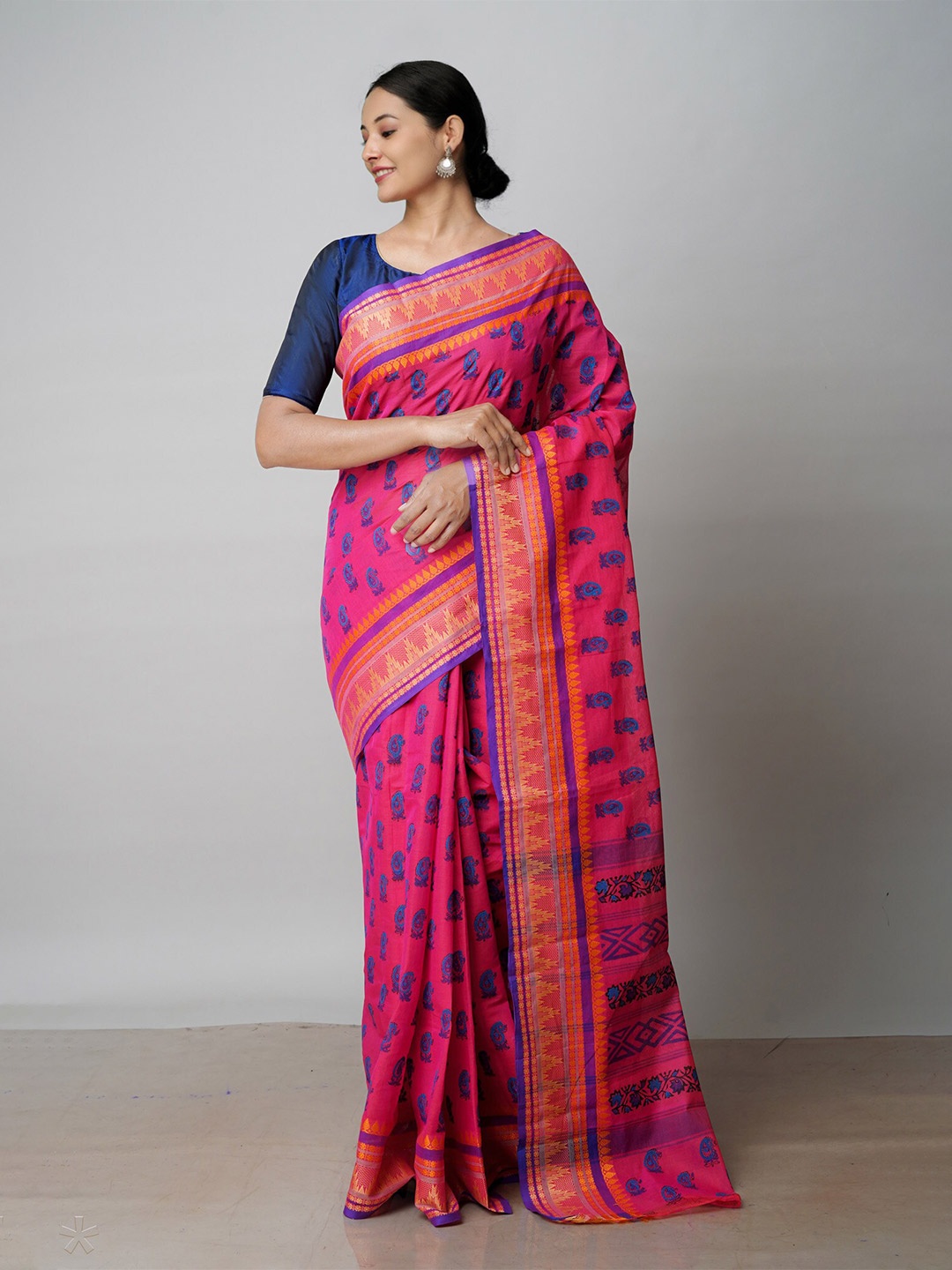 

Unnati Silks Paisley Printed Pure Cotton Handloom Chettinad Saree, Pink