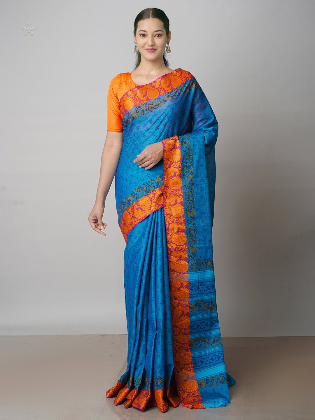 

Unnati Silks Ethnic Printed Pure Cotton Handloom Chettinad Saree, Blue
