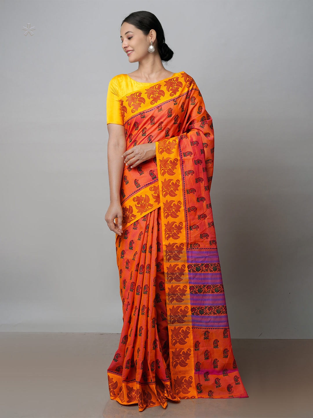 

Unnati Silks Paisley Printed Pure Cotton Handloom Chettinad Saree, Orange