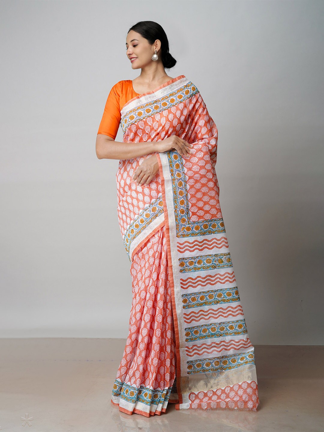

Unnati Silks Ethnic Motifs Zari Silk Cotton Chanderi Saree, Orange
