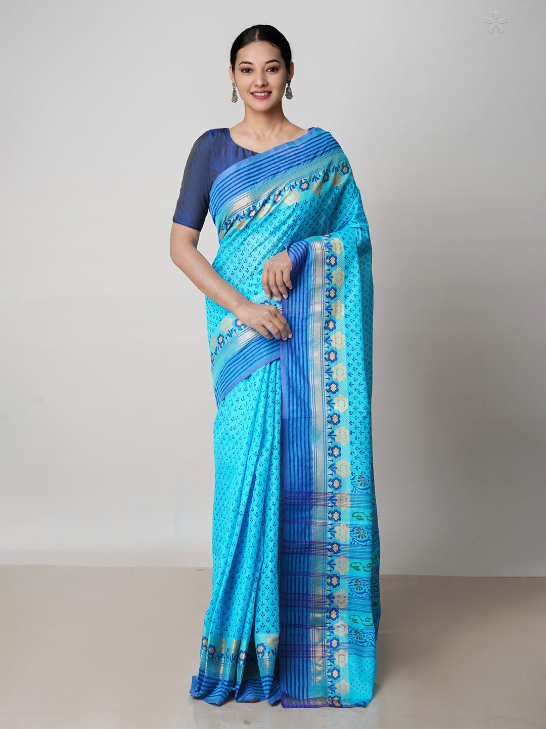 

Unnati Silks Ethnic Motifs Zari Pure Cotton Pavani Dyed Handloom Chettinad Saree, Blue