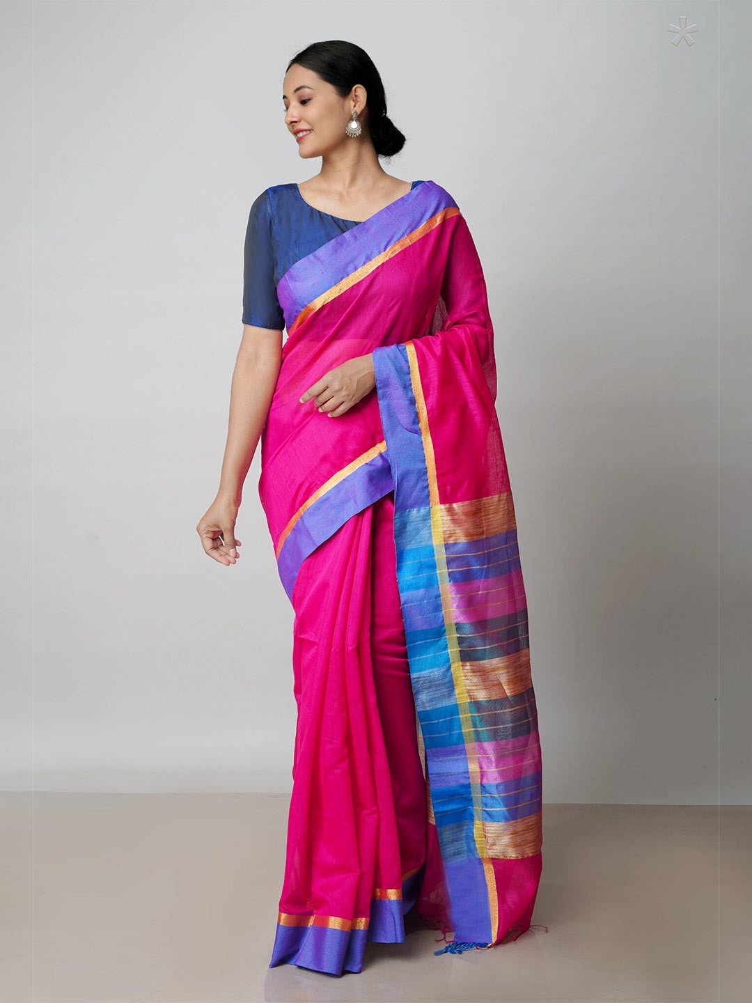 

Unnati Silks Zari Silk Cotton Pure Ajrakh Chanderi Saree, Pink