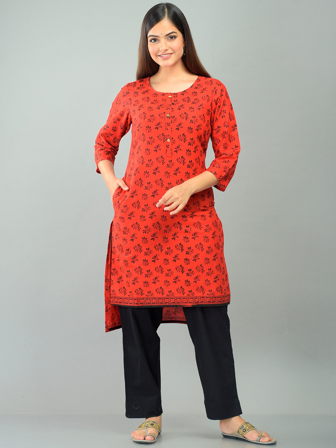 

METRO-FASHION Ethnic Motifs Printed Pure Cotton Kurta, Red