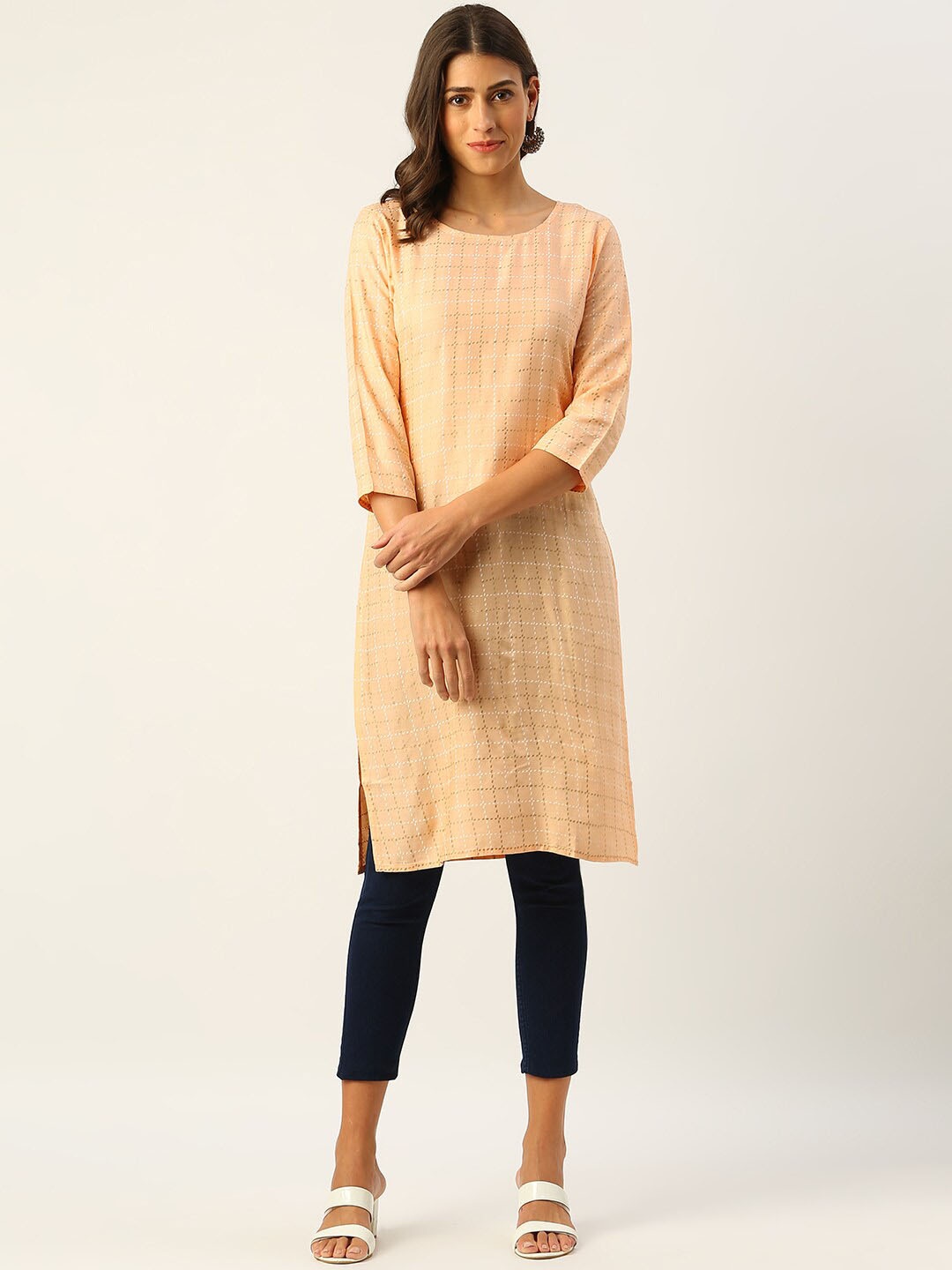 

METRO-FASHION Checked Straight Kurta, Cream