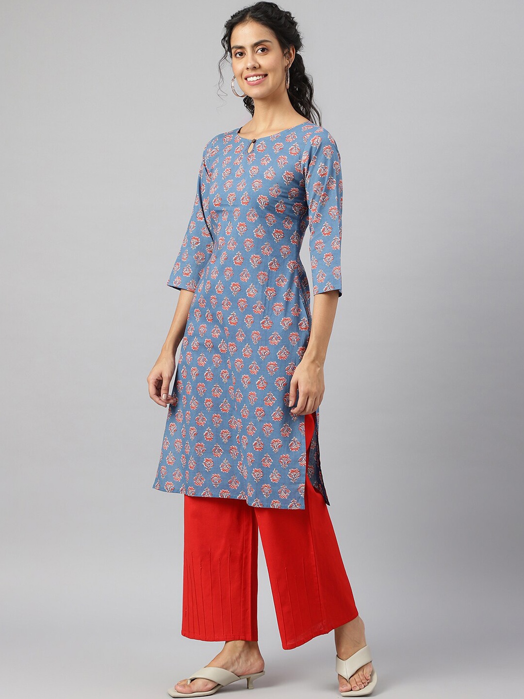 

METRO-FASHION Floral Printed Keyhole Neck Cotton Kurta, Blue