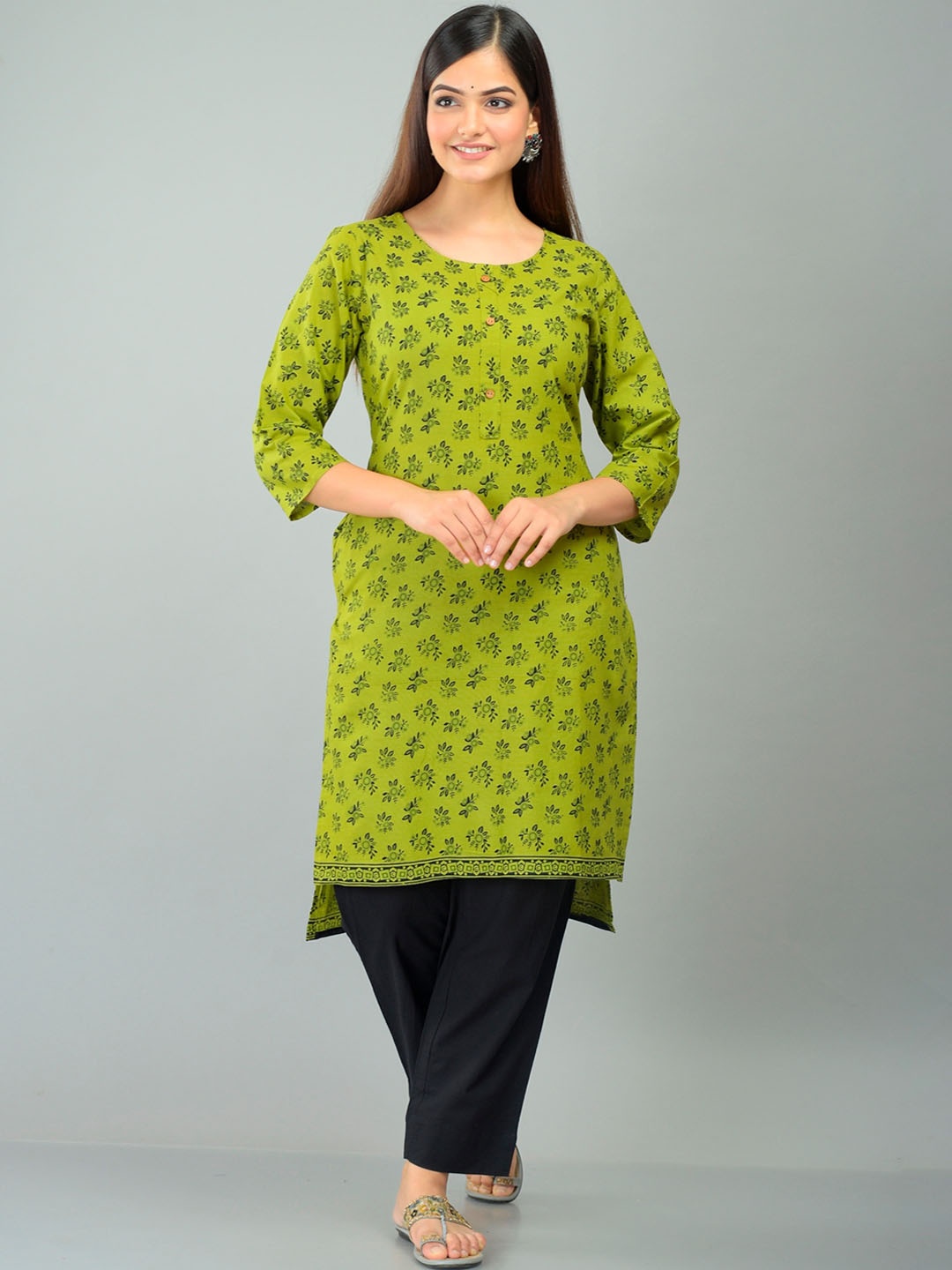 

METRO-FASHION Floral Printed Cotton Kurta, Green