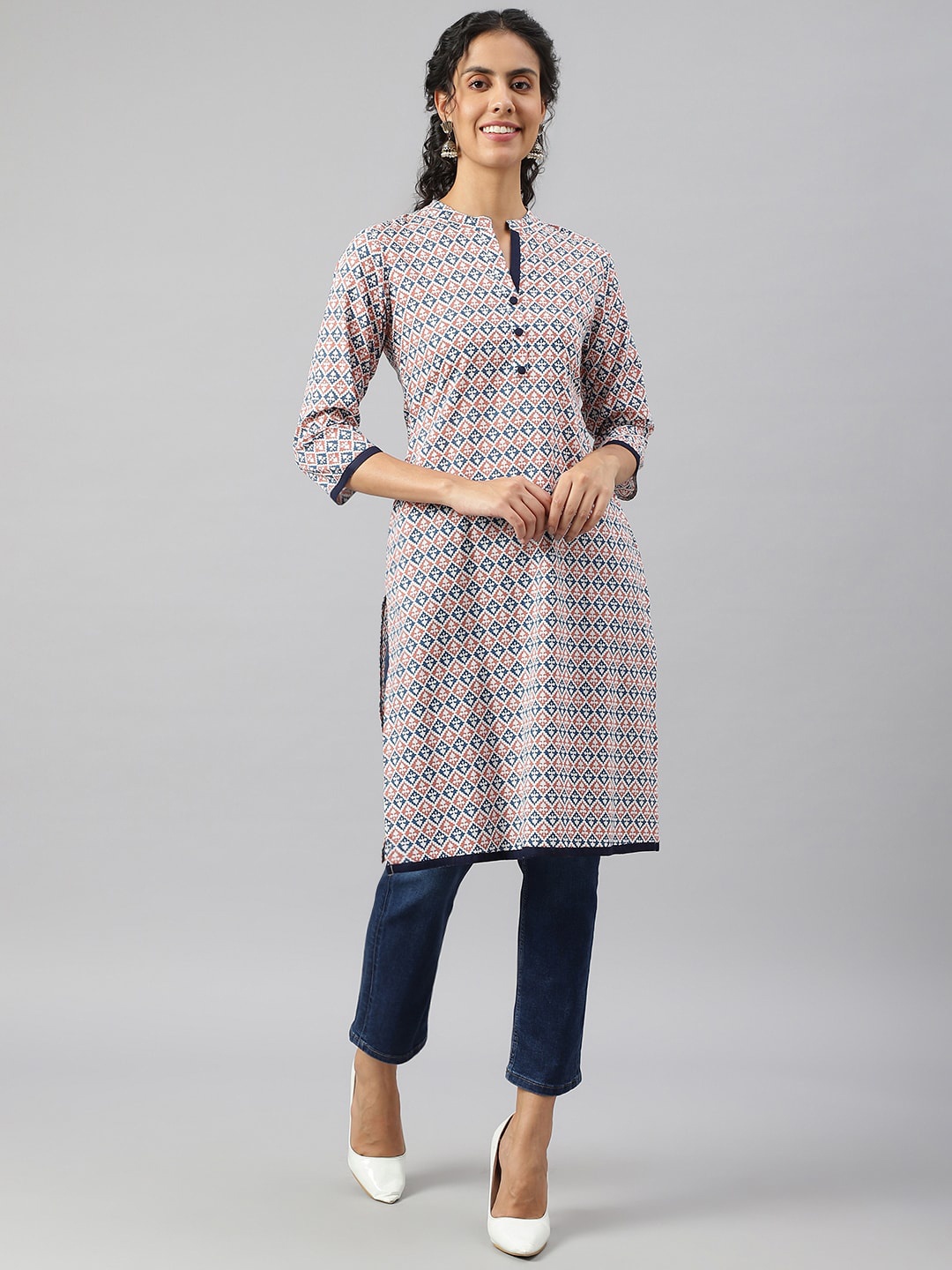 

METRO-FASHION Ethnic Motifs Printed Mandarin Collar Pure Cotton Kurta, Peach