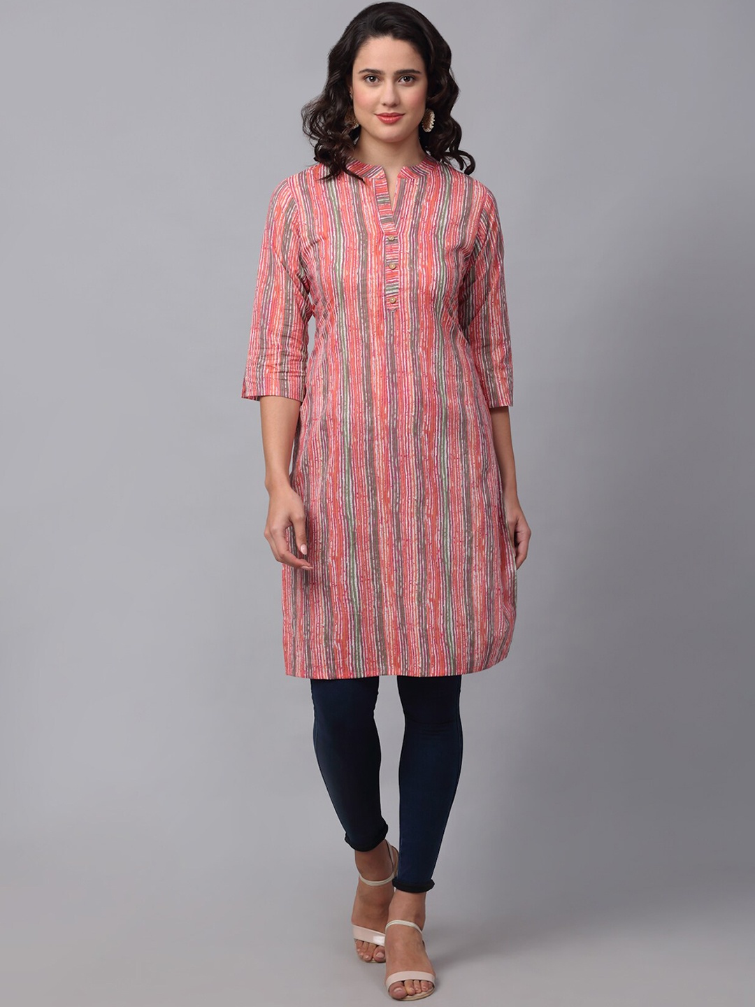 

METRO-FASHION Striped Mandarin Collar Cotton Kurta, Pink