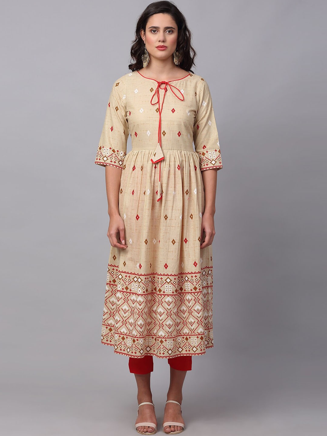 

METRO-FASHION Ethnic Motifs Printed Pure Cotton A-Line Kurta, Beige