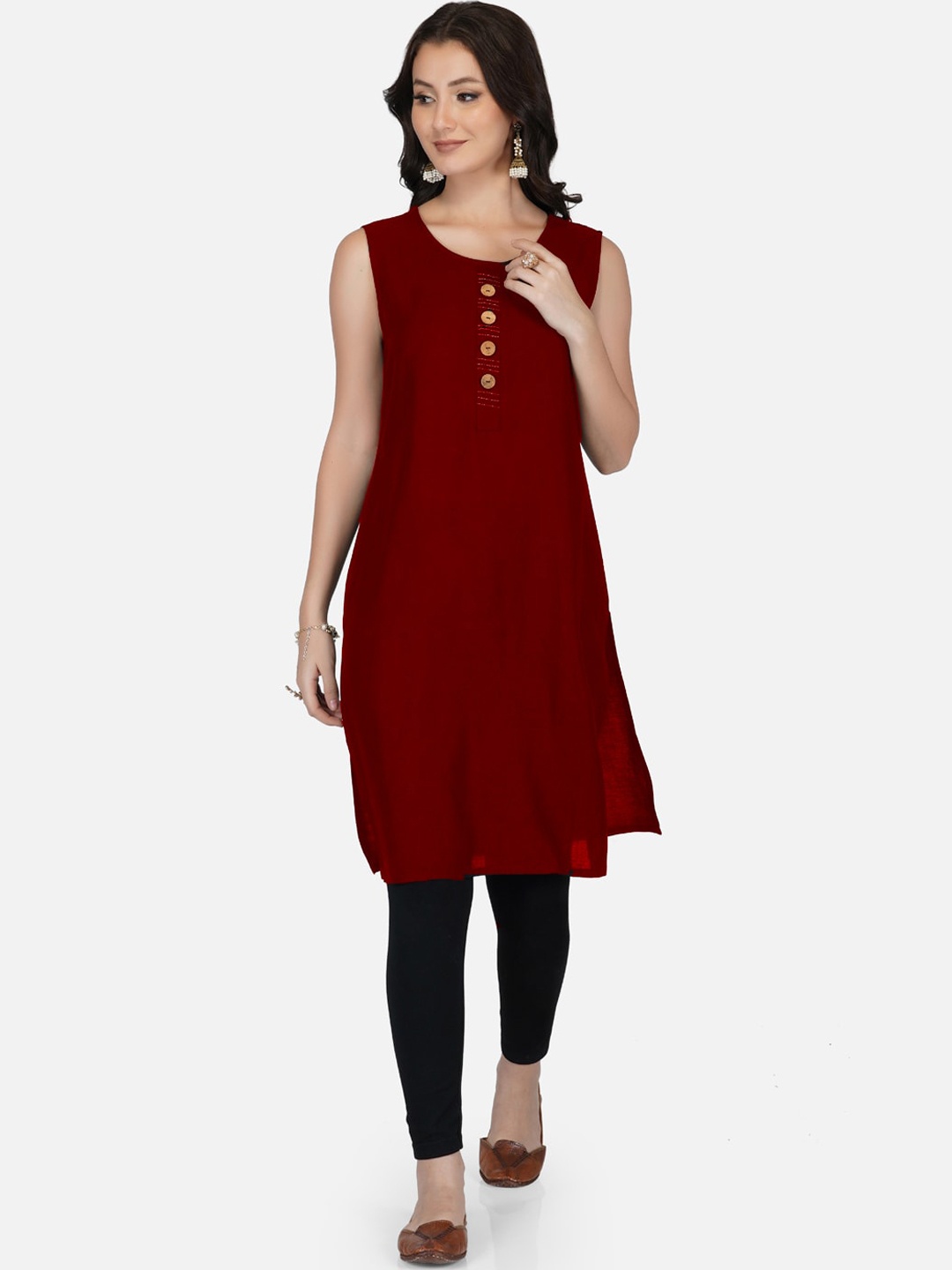 

METRO-FASHION Round Neck Sleeveless Kurta, Red