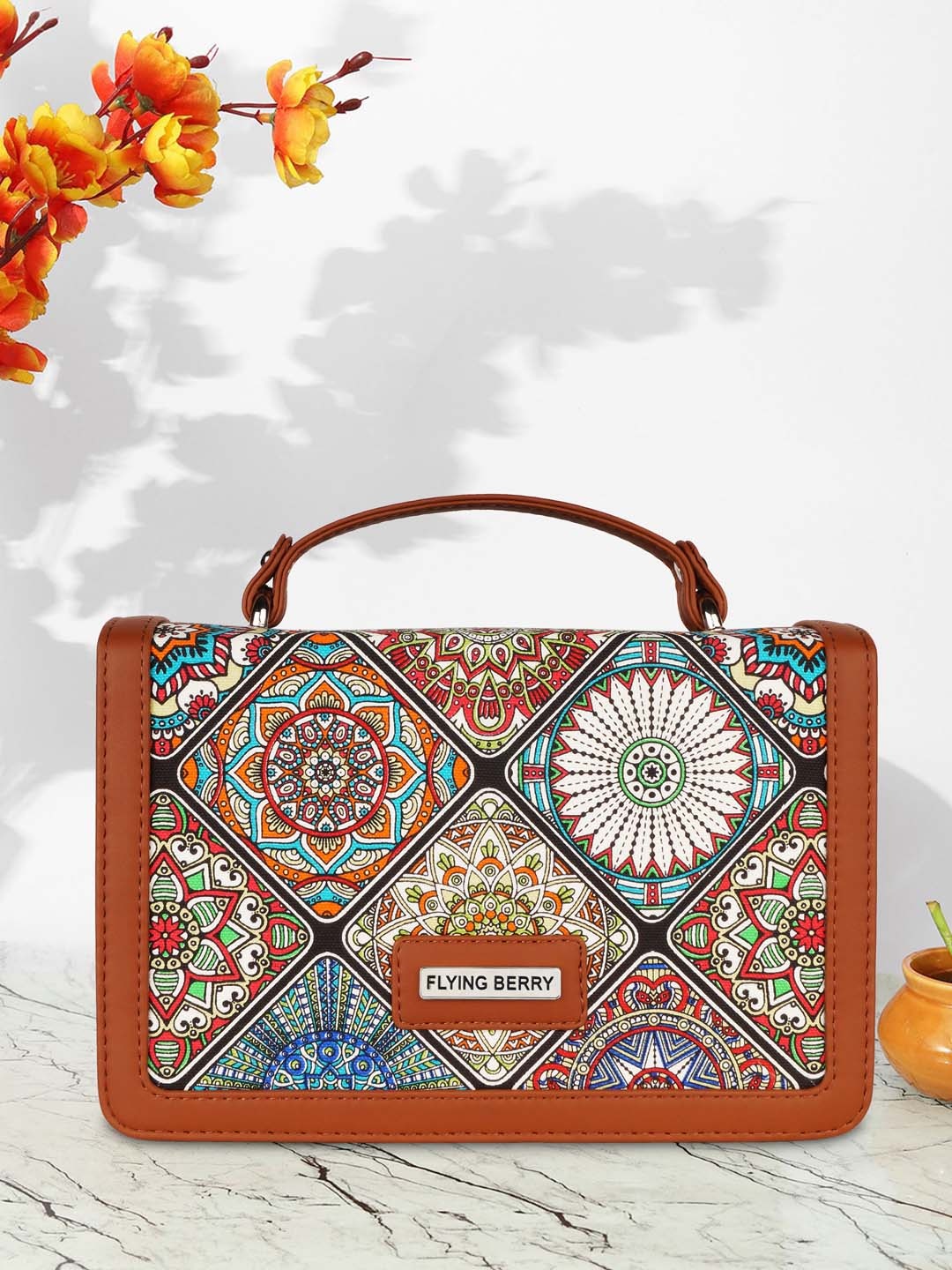 

FLYING BERRY Ethnic Motifs Printed Structured Satchel Bag, Brown