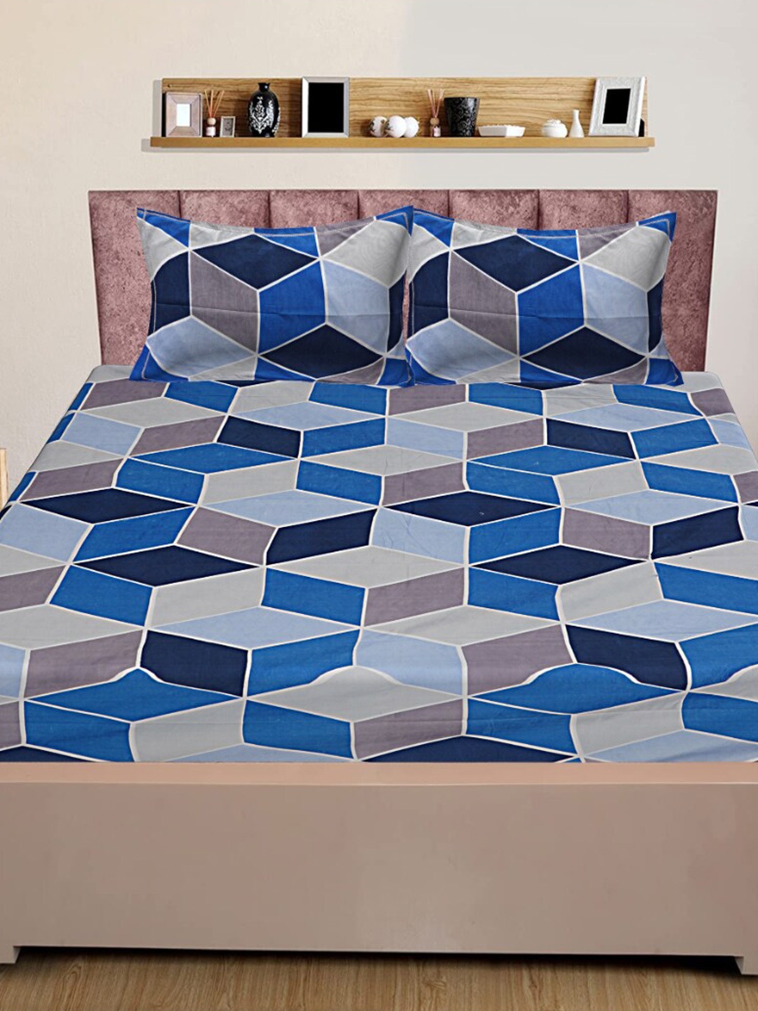 

INDHOME LIFE Blue & Grey Geometric Pure Cotton 160 TC Queen Bedsheet With 2 Pillow Covers